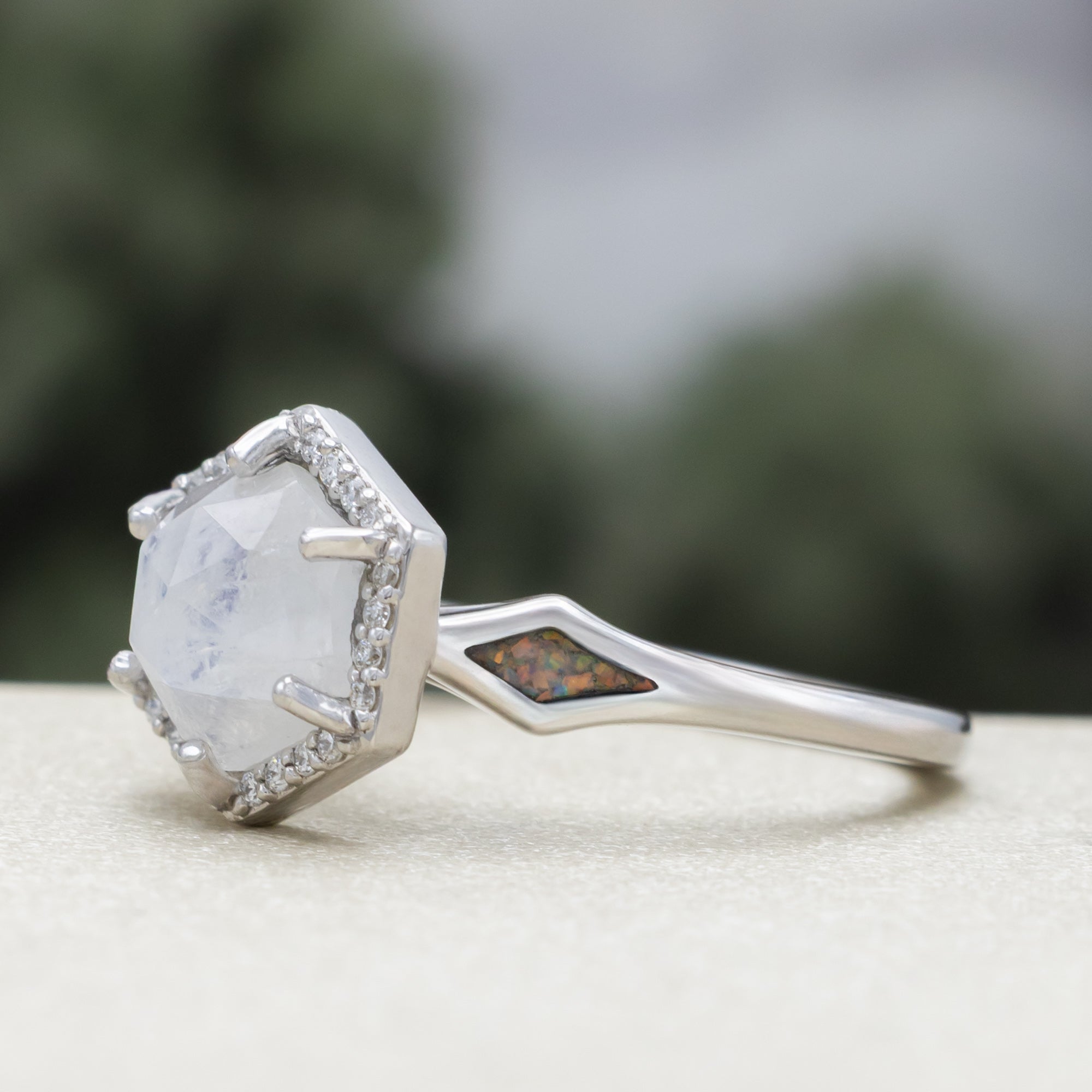 "Crazy On You" - Hexagon Cut Moonstone Engagement Ring With Diamond Halo & Custom Inlays-Staghead Designs