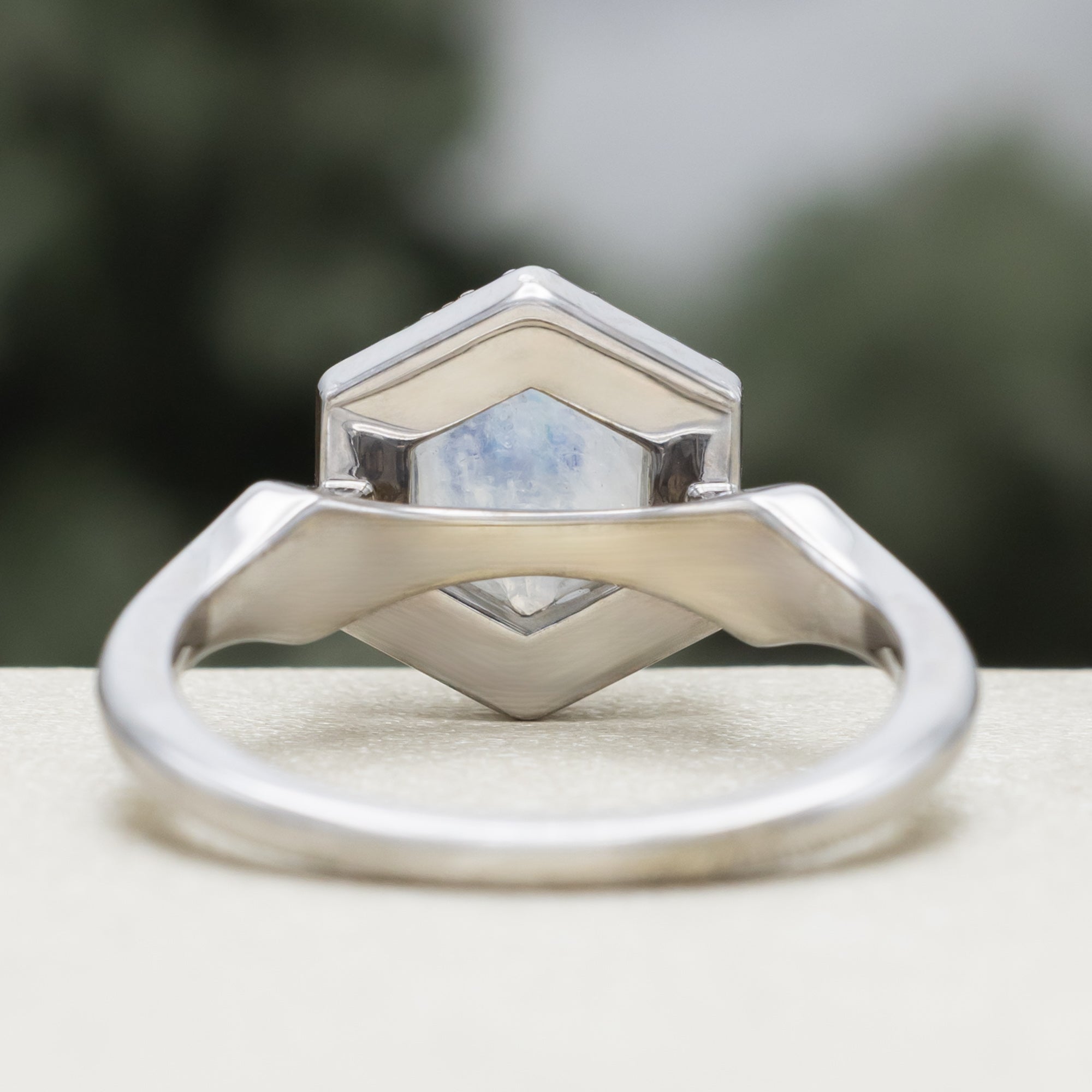 "Crazy On You" - Hexagon Cut Moonstone Engagement Ring With Diamond Halo & Custom Inlays-Staghead Designs