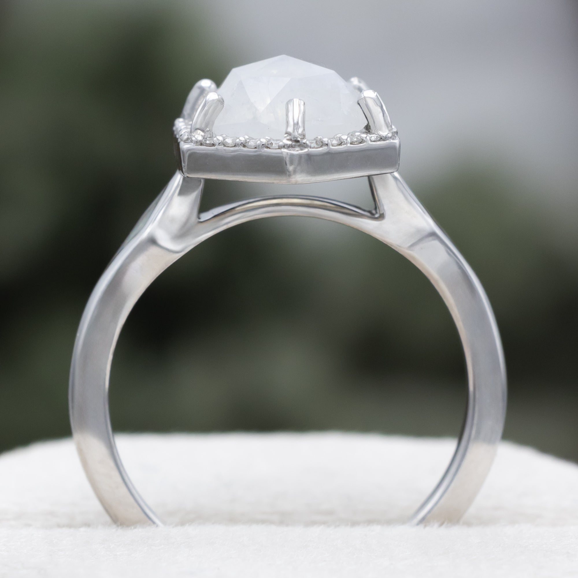 "Crazy On You" - Hexagon Cut Moonstone Engagement Ring With Diamond Halo & Custom Inlays-Staghead Designs