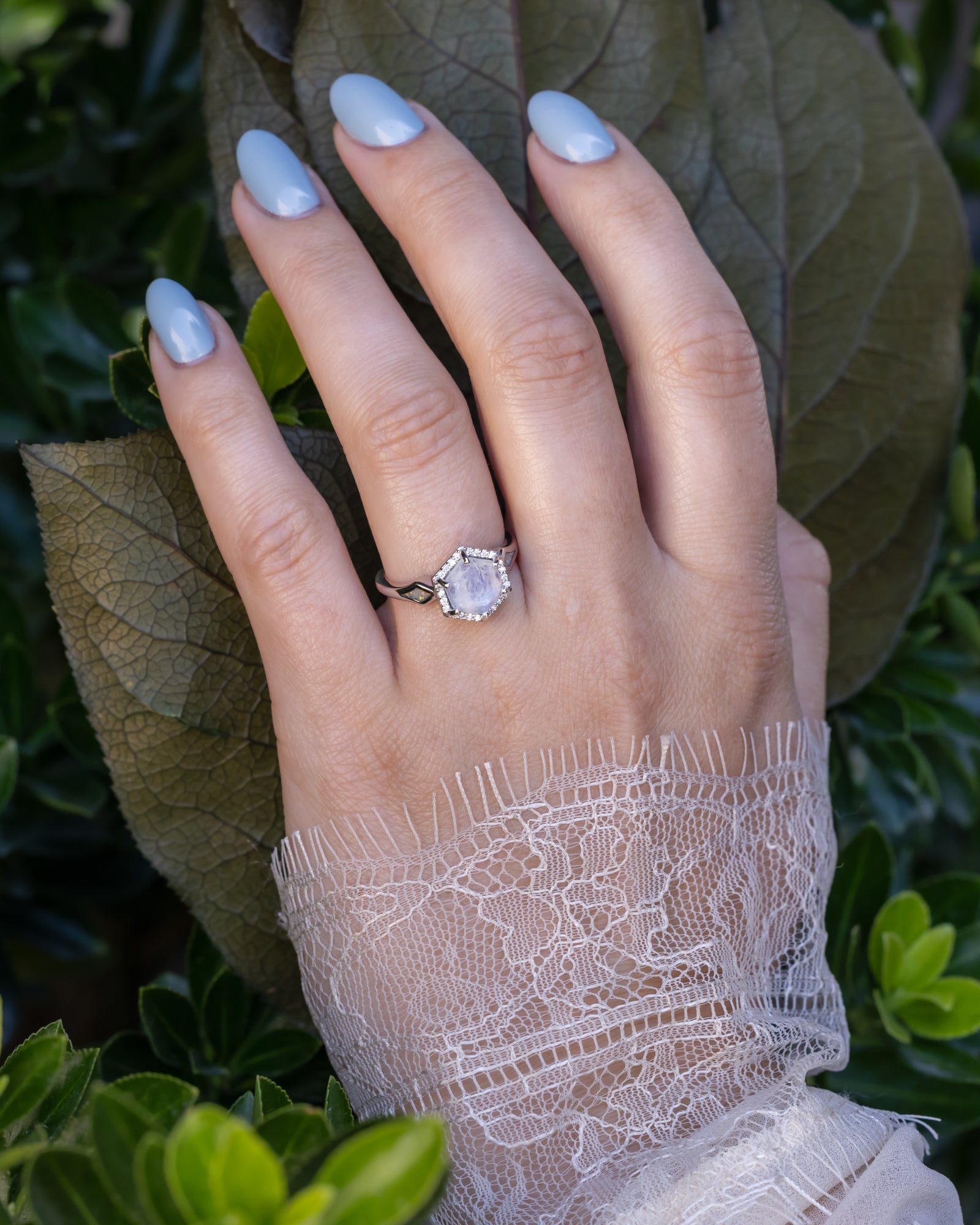 "Crazy On You" - Hexagon Cut Moonstone Engagement Ring With Diamond Halo & Custom Inlays-Staghead Designs