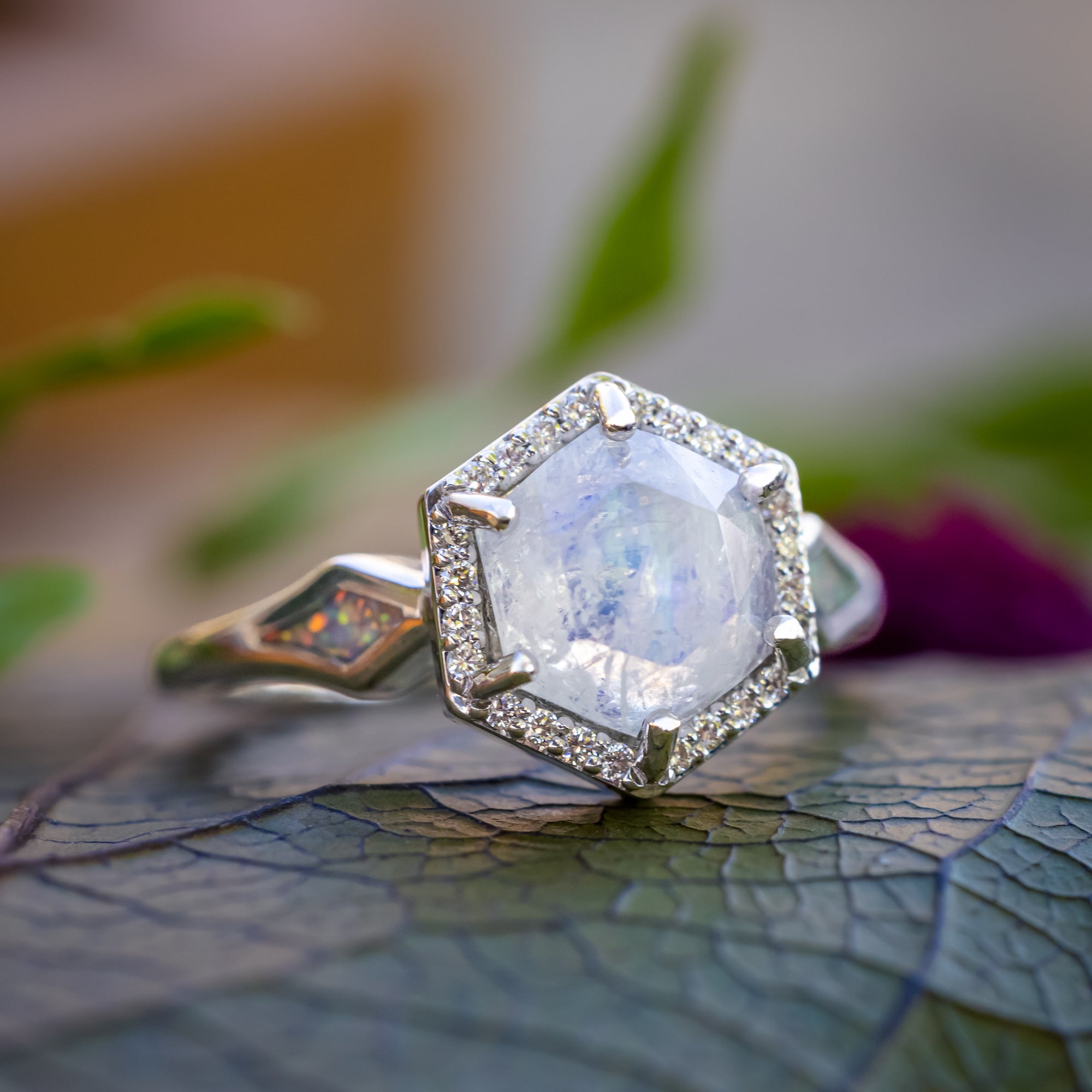 "Crazy On You" - Hexagon Cut Moonstone Engagement Ring With Diamond Halo & Custom Inlays-Staghead Designs