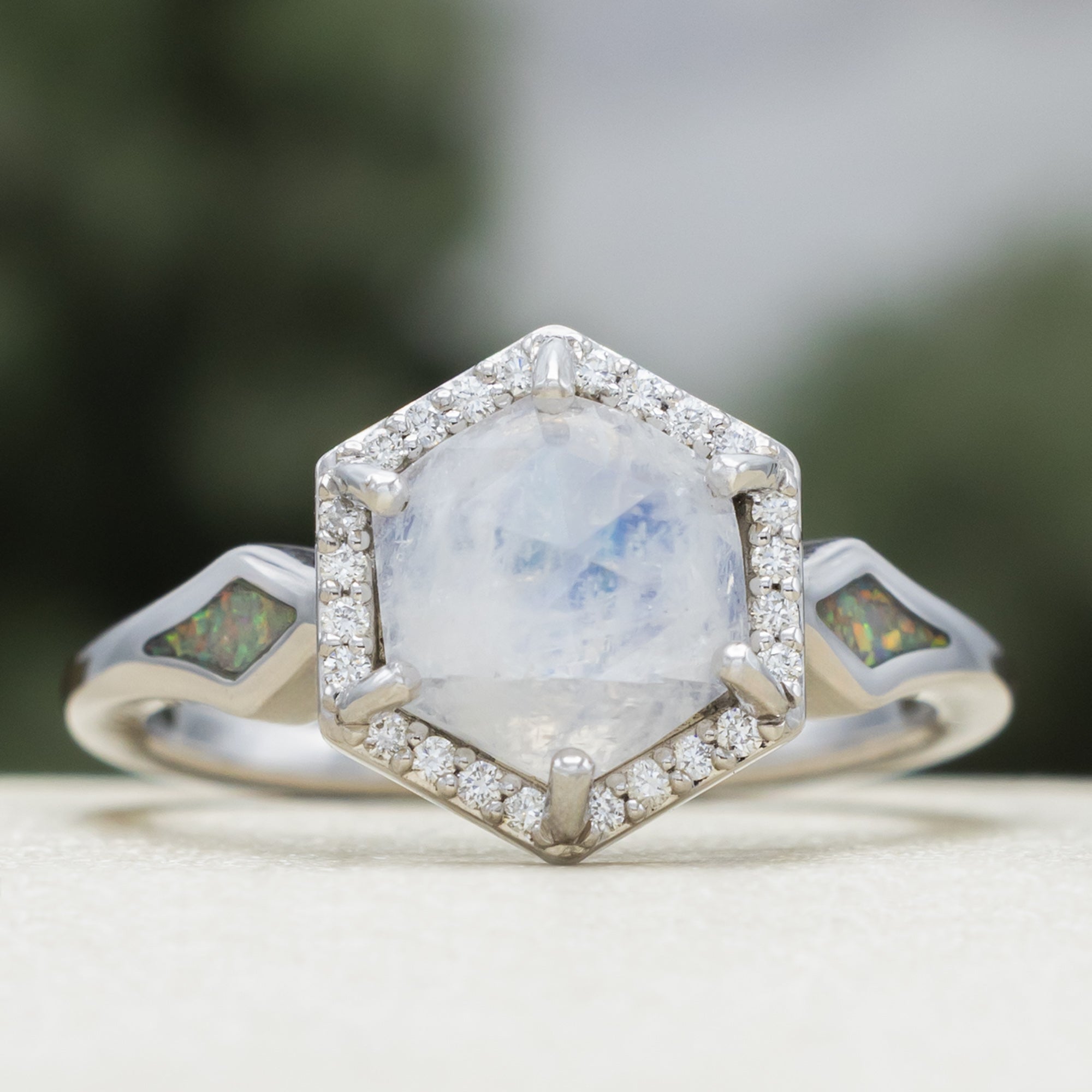 "Crazy On You" - Hexagon Cut Moonstone Engagement Ring With Diamond Halo & Custom Inlays-Staghead Designs