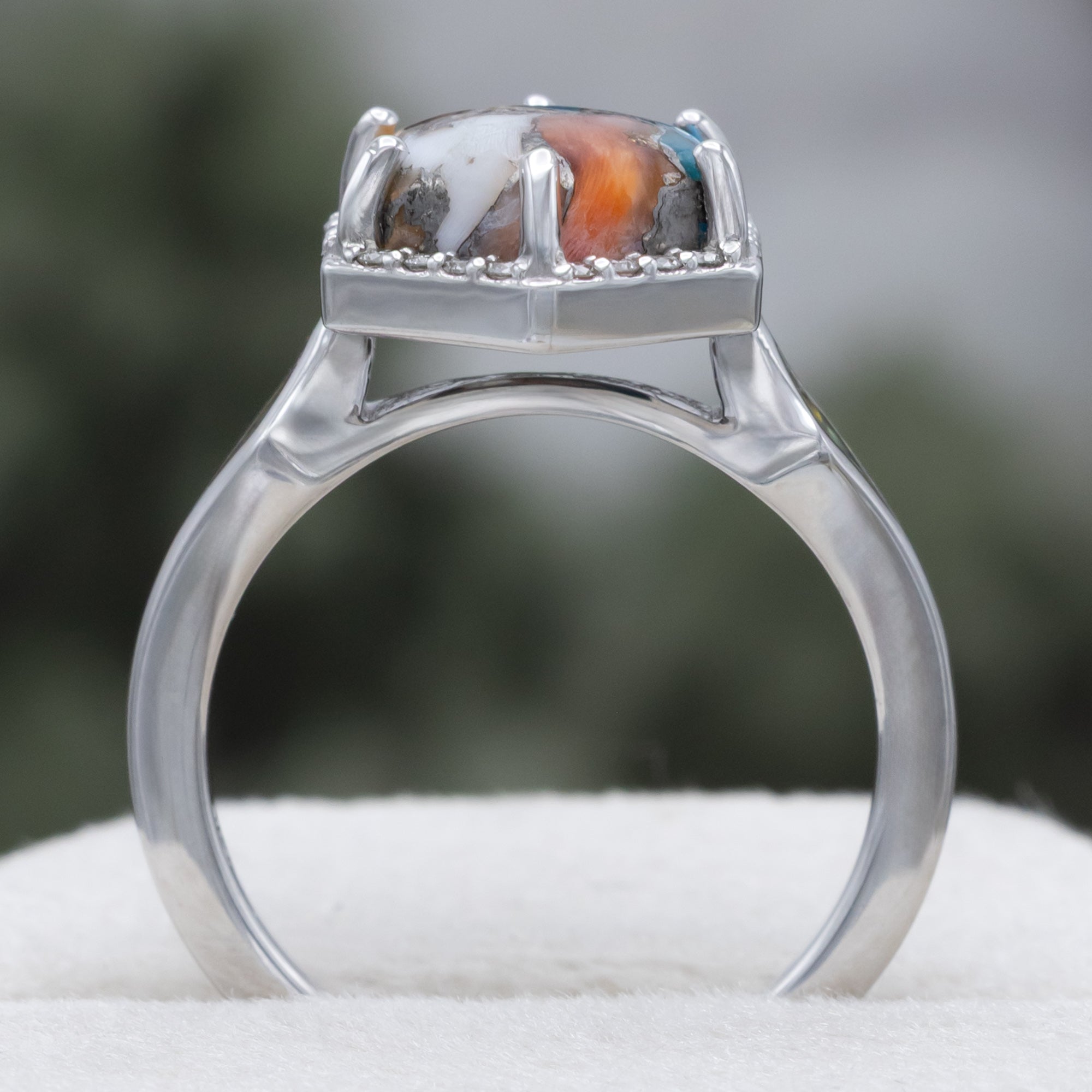 "Crazy On You" - Hexagon Cut Spiny Oyster Turquoise Engagement Ring With Diamond Halo And Fire & Ice Opal Inlays