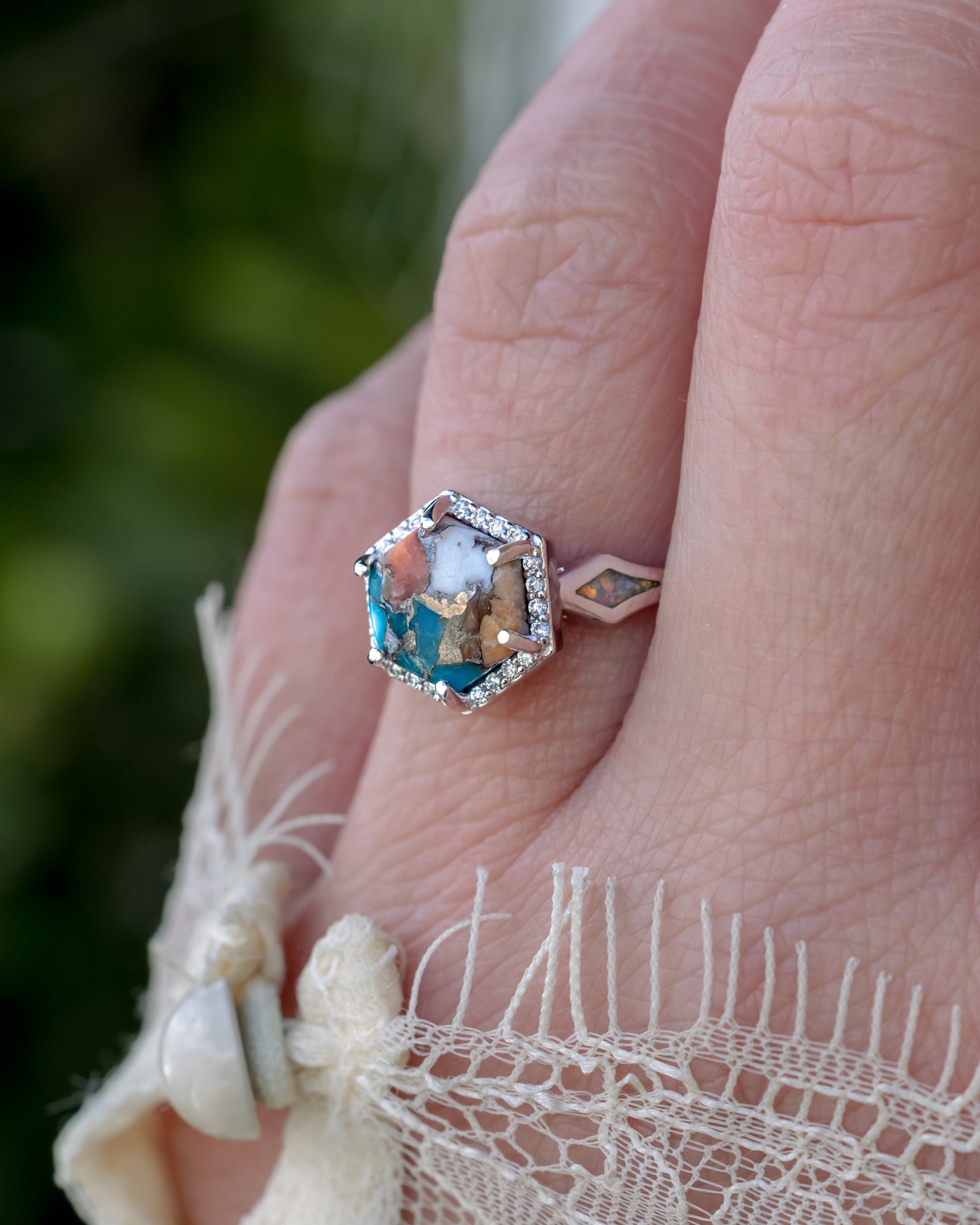 "Crazy On You" - Hexagon Cut Spiny Oyster Turquoise Engagement Ring With Diamond Halo And Fire & Ice Opal Inlays
