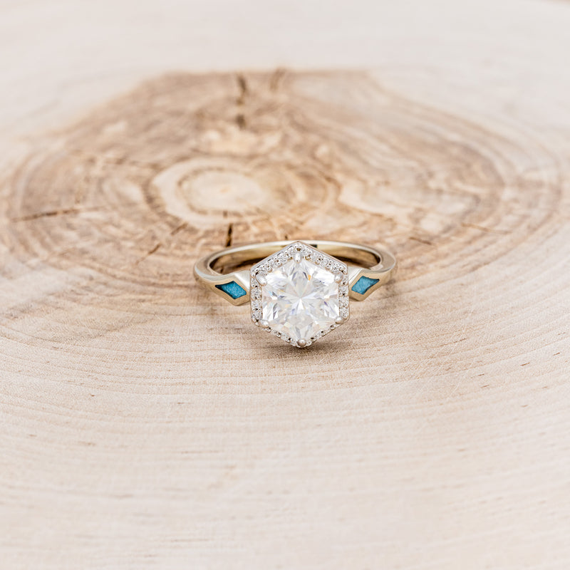 "CRAZY ON YOU" - HEXAGON MOISSANITE ENGAGEMENT RING WITH DIAMOND HALO & TURQUOISE INLAYS-4