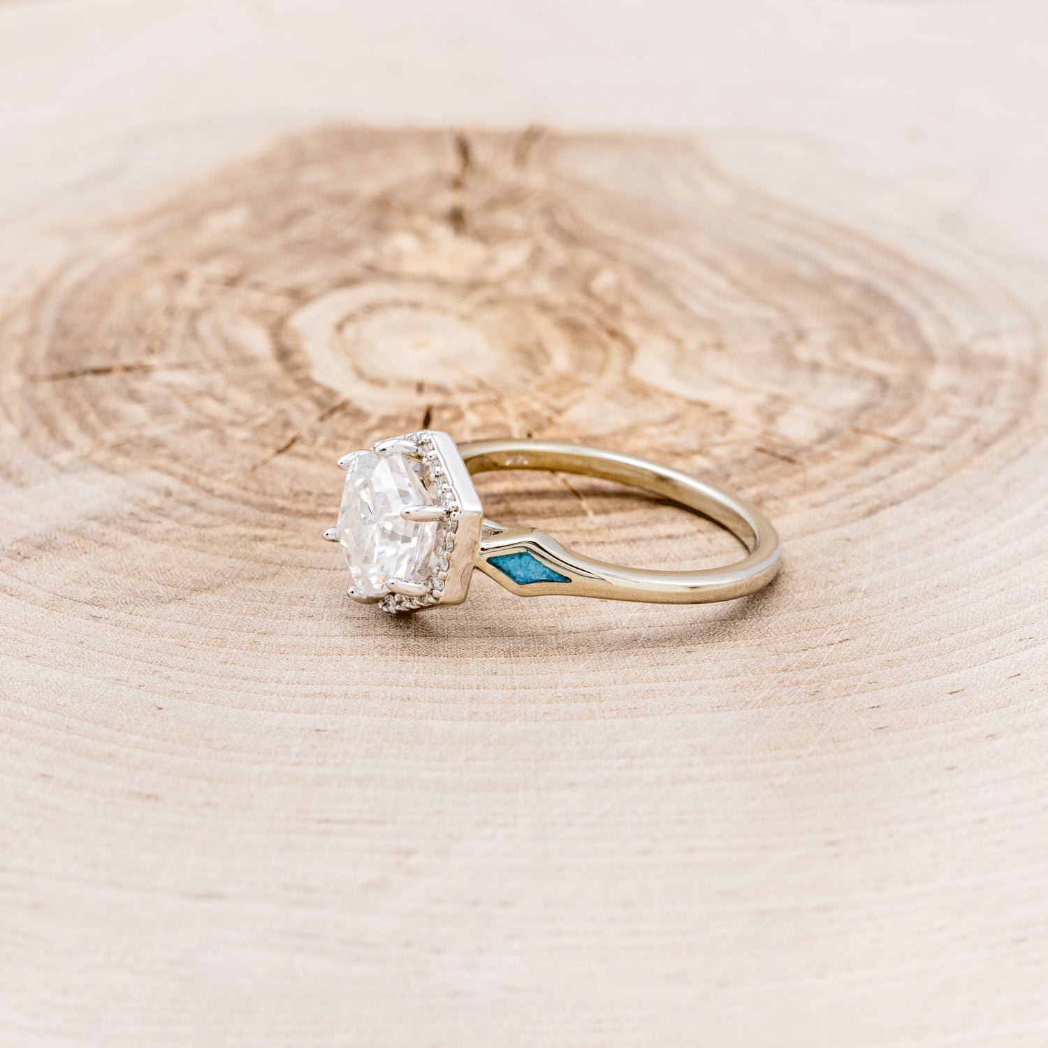 "CRAZY ON YOU" - HEXAGON MOISSANITE ENGAGEMENT RING WITH DIAMOND HALO & TURQUOISE INLAYS-3