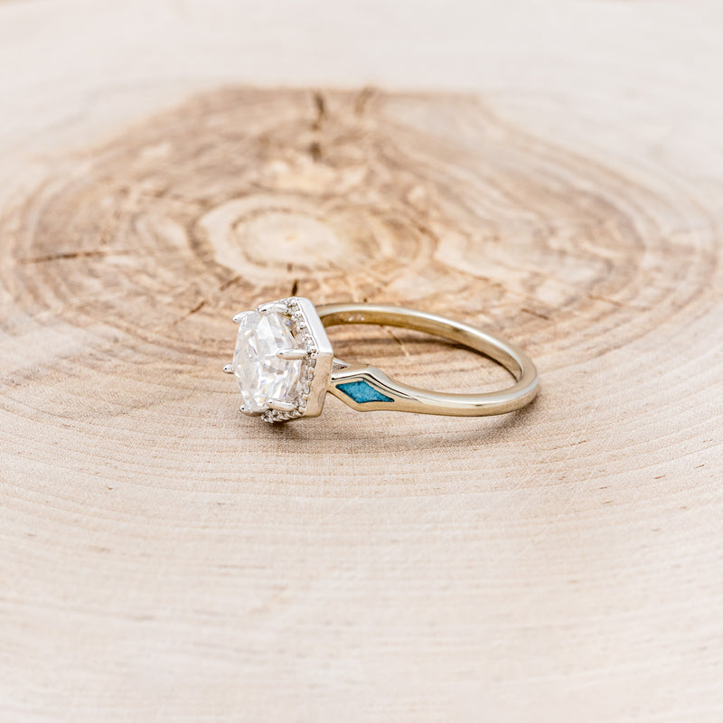 "CRAZY ON YOU" - HEXAGON MOISSANITE ENGAGEMENT RING WITH DIAMOND HALO & TURQUOISE INLAYS-3