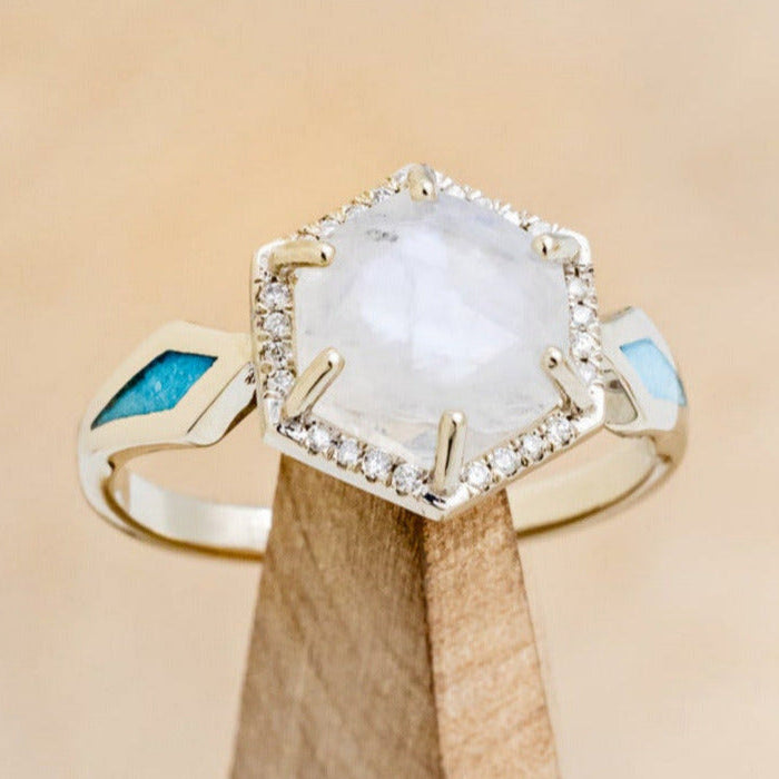 "CRAZY ON YOU" - HEXAGON MOONSTONE ENGAGEMENT RING WITH DIAMOND HALO & TURQUOISE INLAYS-7