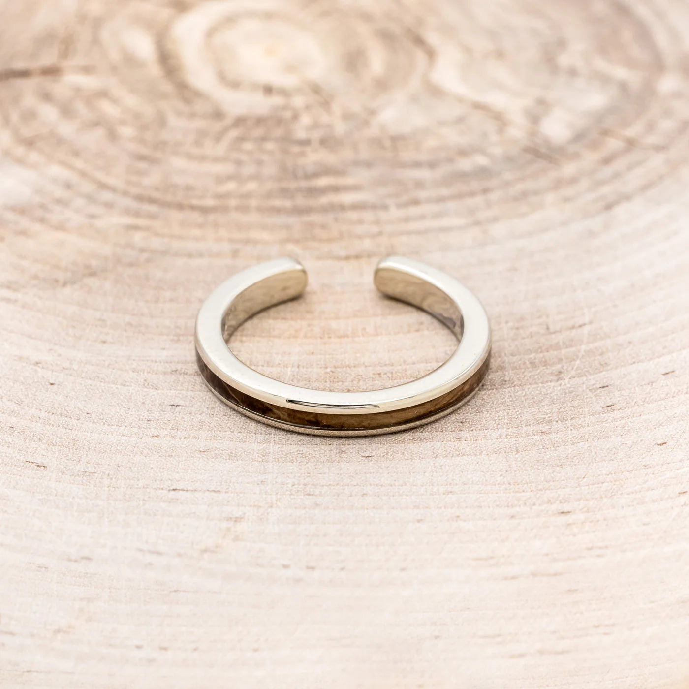 CUFFED STACKING BAND WITH WHISKEY BARREL OAK - 14K WHITE GOLD - SIZE 6 3/4-Staghead Designs