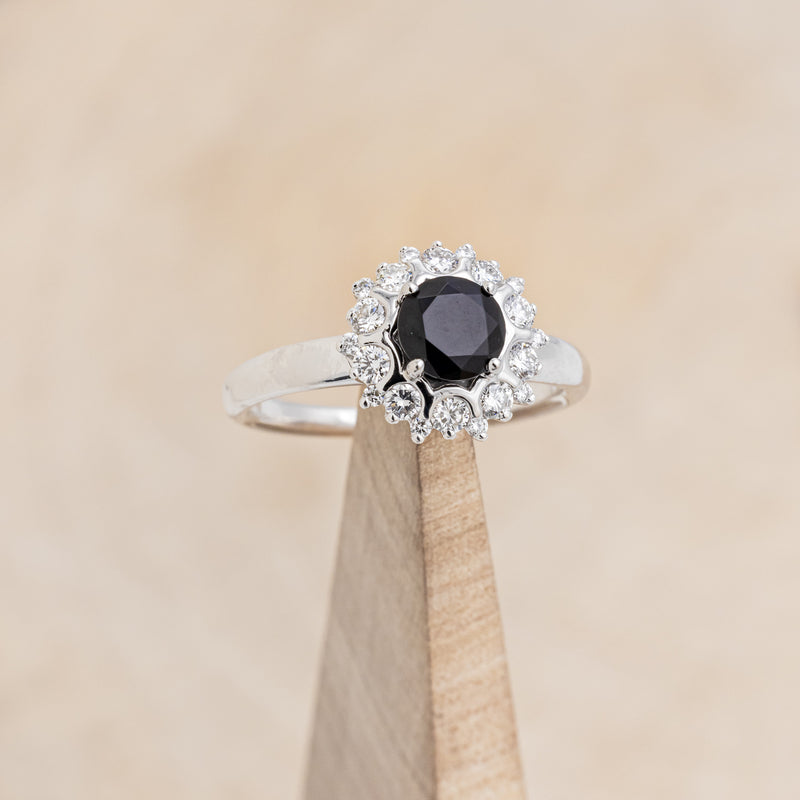 "DELANEY" - ROUND CUT BLACK MOISSANITE ENGAGEMENT RING WITH DIAMOND HALO & TRACER-6