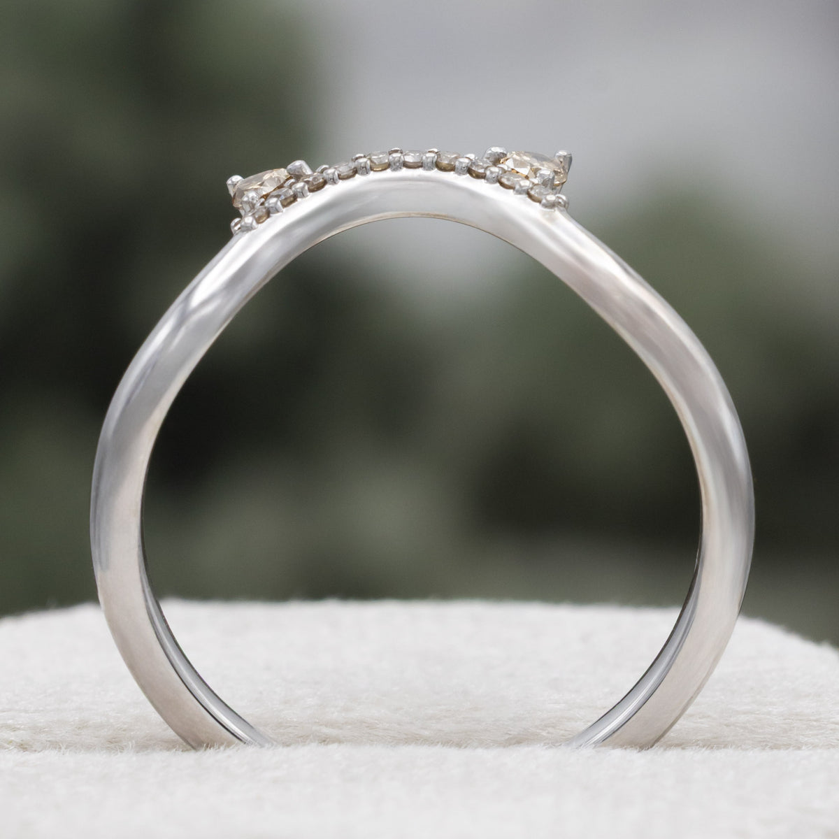 White gold cat ear wedding ring tracer with champagne diamond accents against a blurred green background