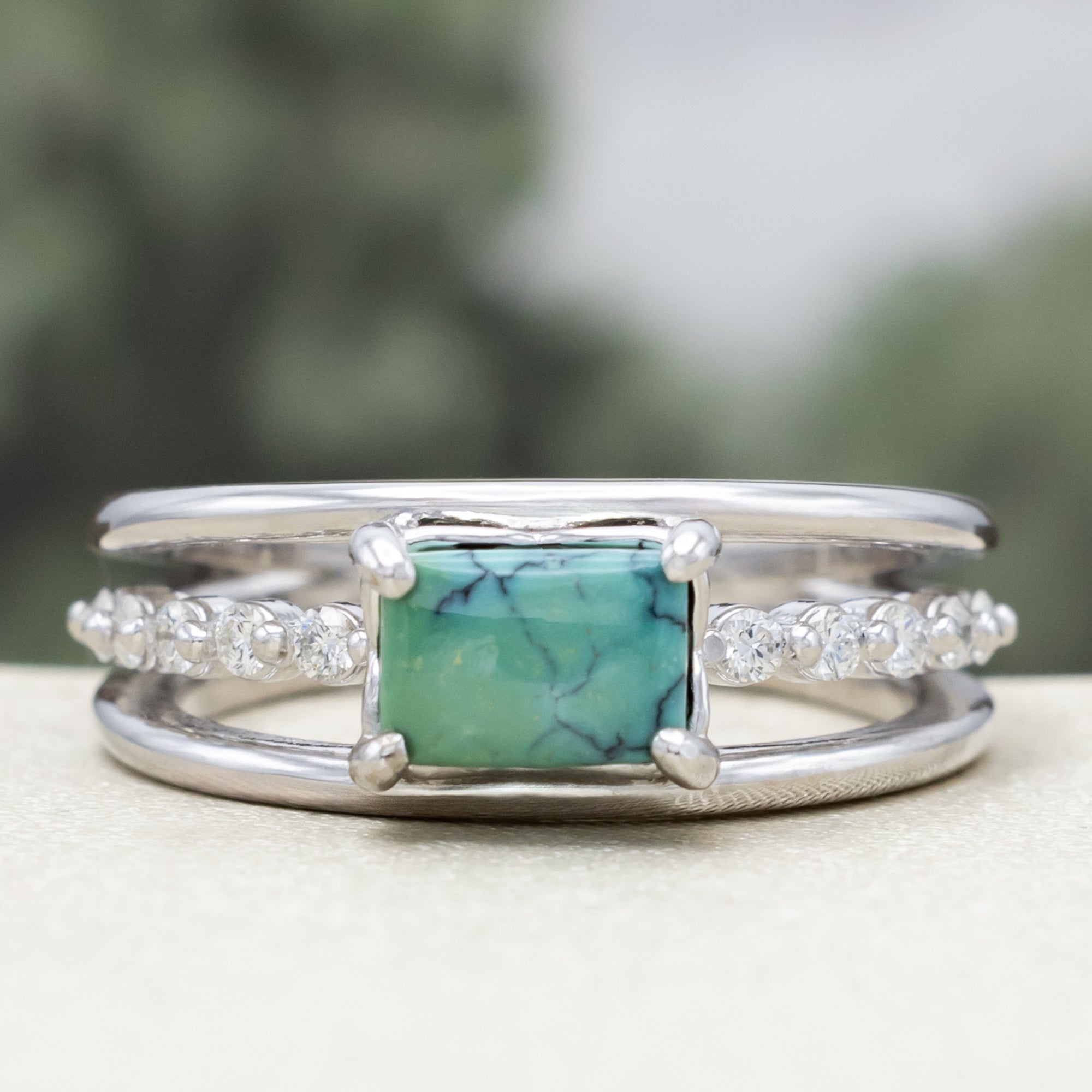 "DOLLY" - EMERALD CABOCHON CUT TURQUOISE ENGAGEMENT RING WITH DIAMOND ACCENTS-Staghead Designs