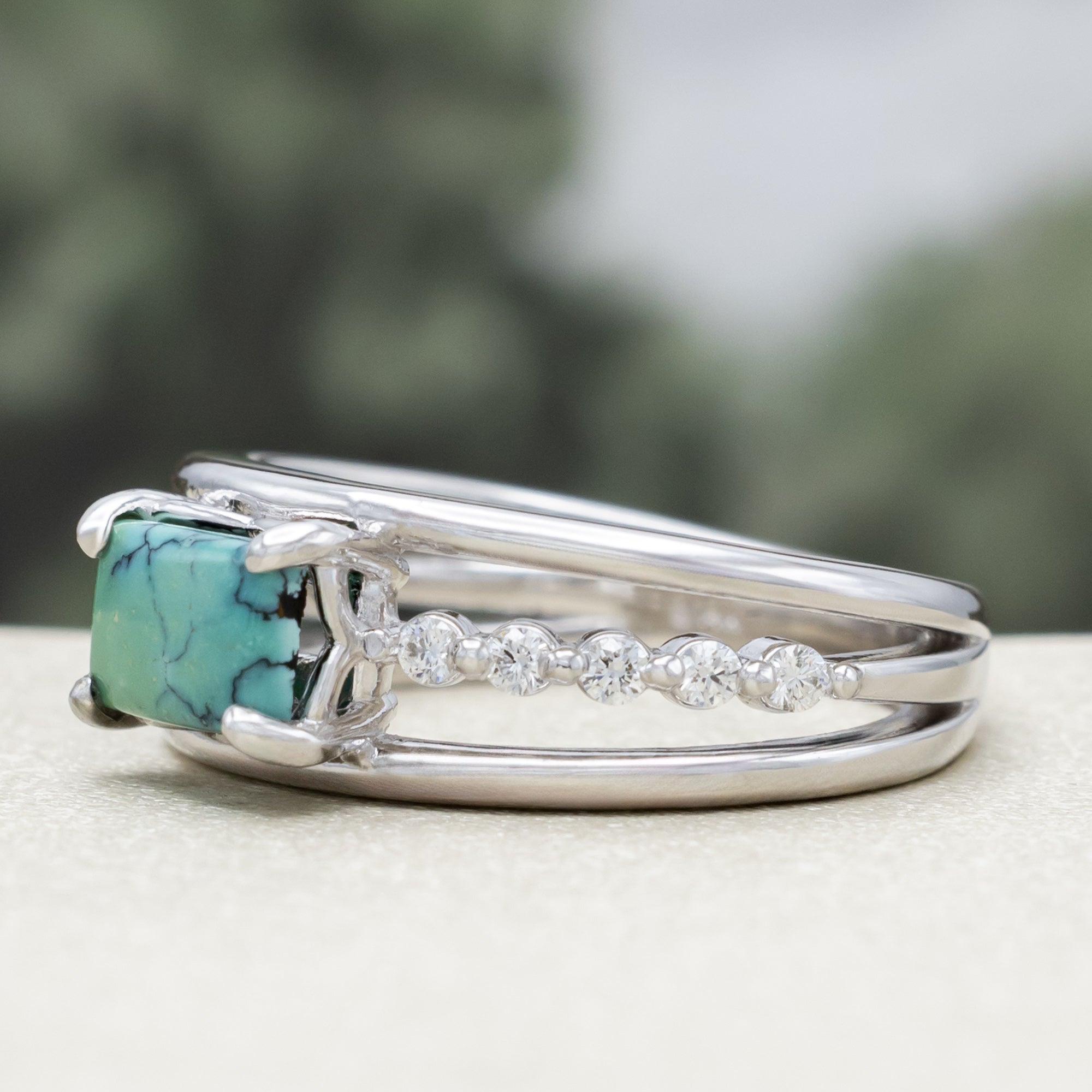"DOLLY" - EMERALD CABOCHON CUT TURQUOISE ENGAGEMENT RING WITH DIAMOND ACCENTS-Staghead Designs