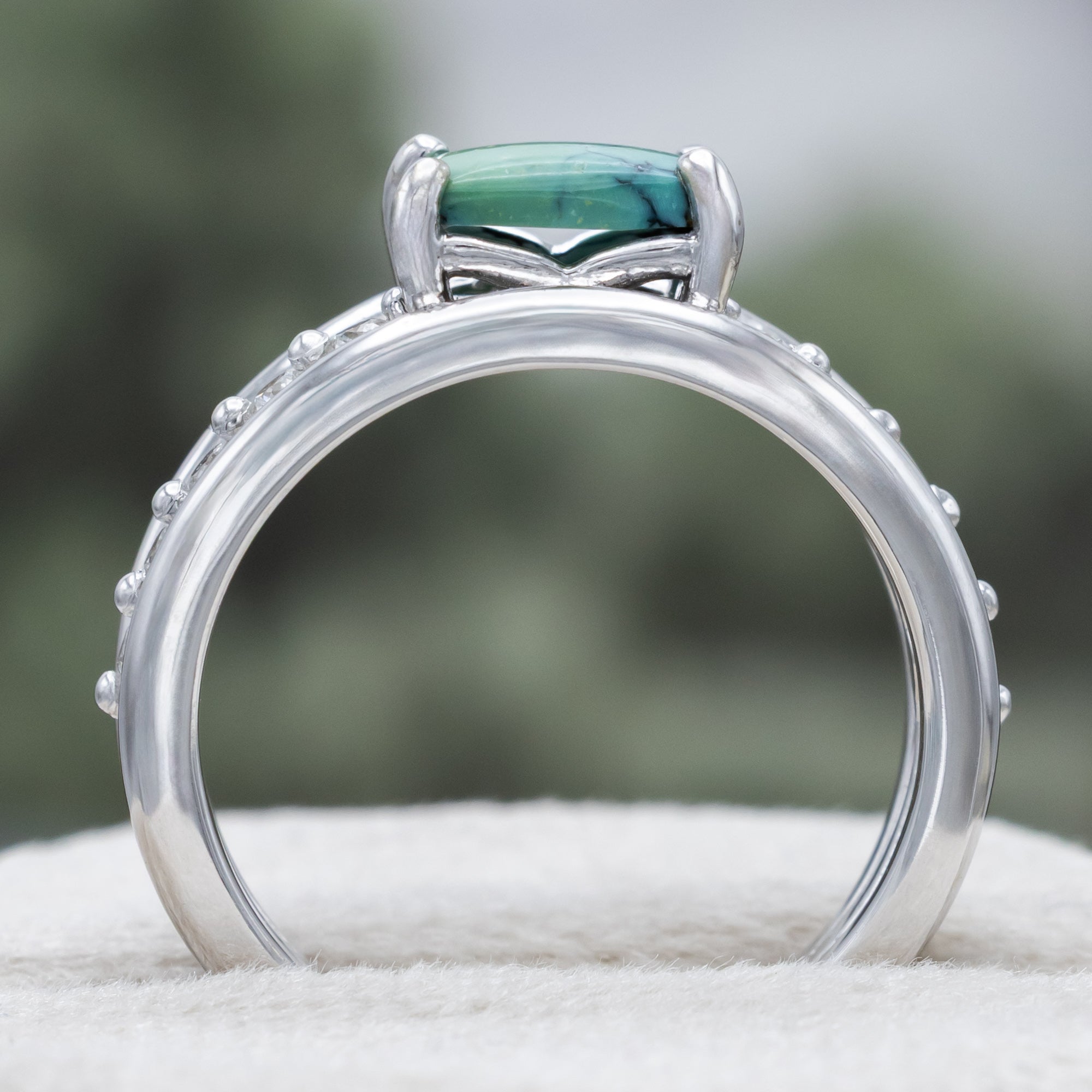 "DOLLY" - EMERALD CABOCHON CUT TURQUOISE ENGAGEMENT RING WITH DIAMOND ACCENTS-Staghead Designs
