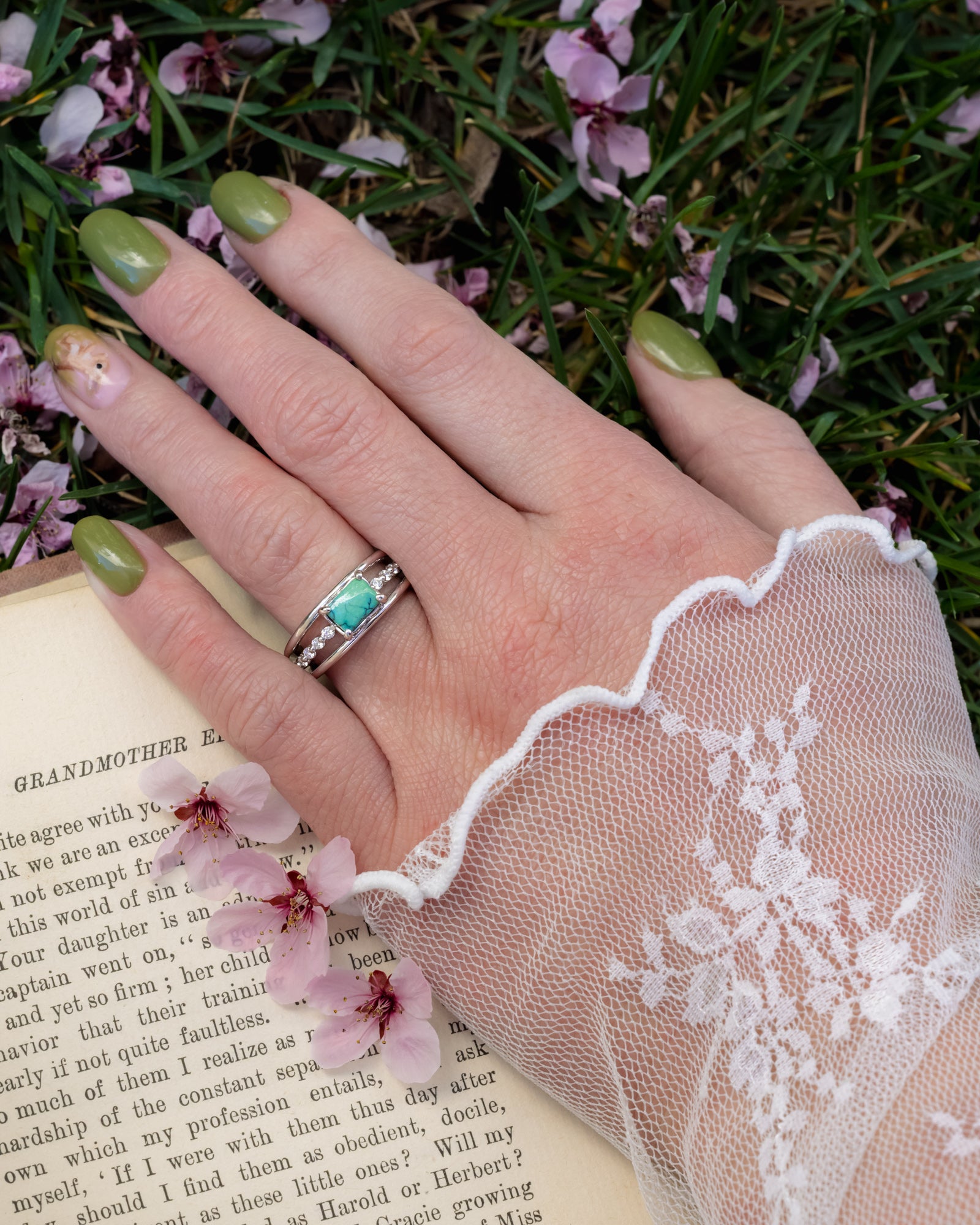"DOLLY" - EMERALD CABOCHON CUT TURQUOISE ENGAGEMENT RING WITH DIAMOND ACCENTS-Staghead Designs