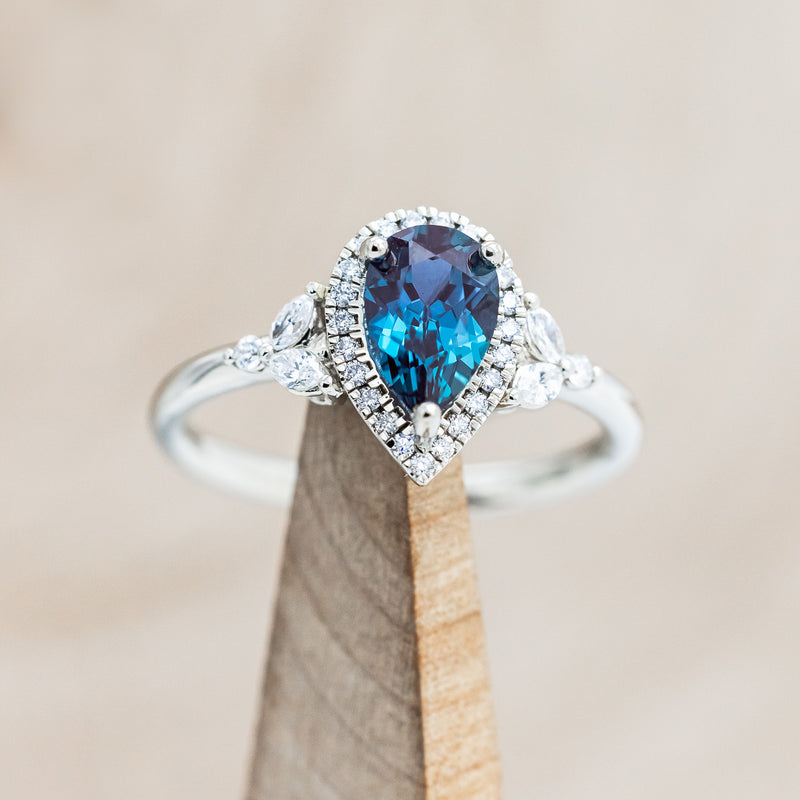 "DREAM" - PEAR-SHAPED LAB-GROWN ALEXANDRITE ENGAGEMENT RING WITH DIAMOND HALO & ACCENTS-Staghead Designs