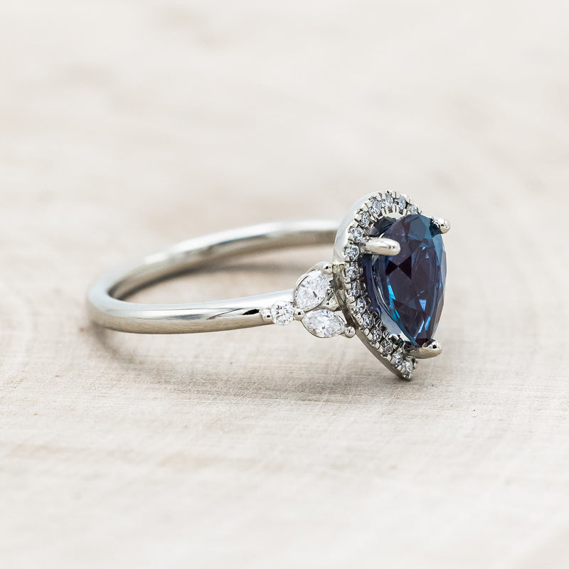 "DREAM" - PEAR-SHAPED LAB-GROWN ALEXANDRITE ENGAGEMENT RING WITH DIAMOND HALO & ACCENTS-Staghead Designs