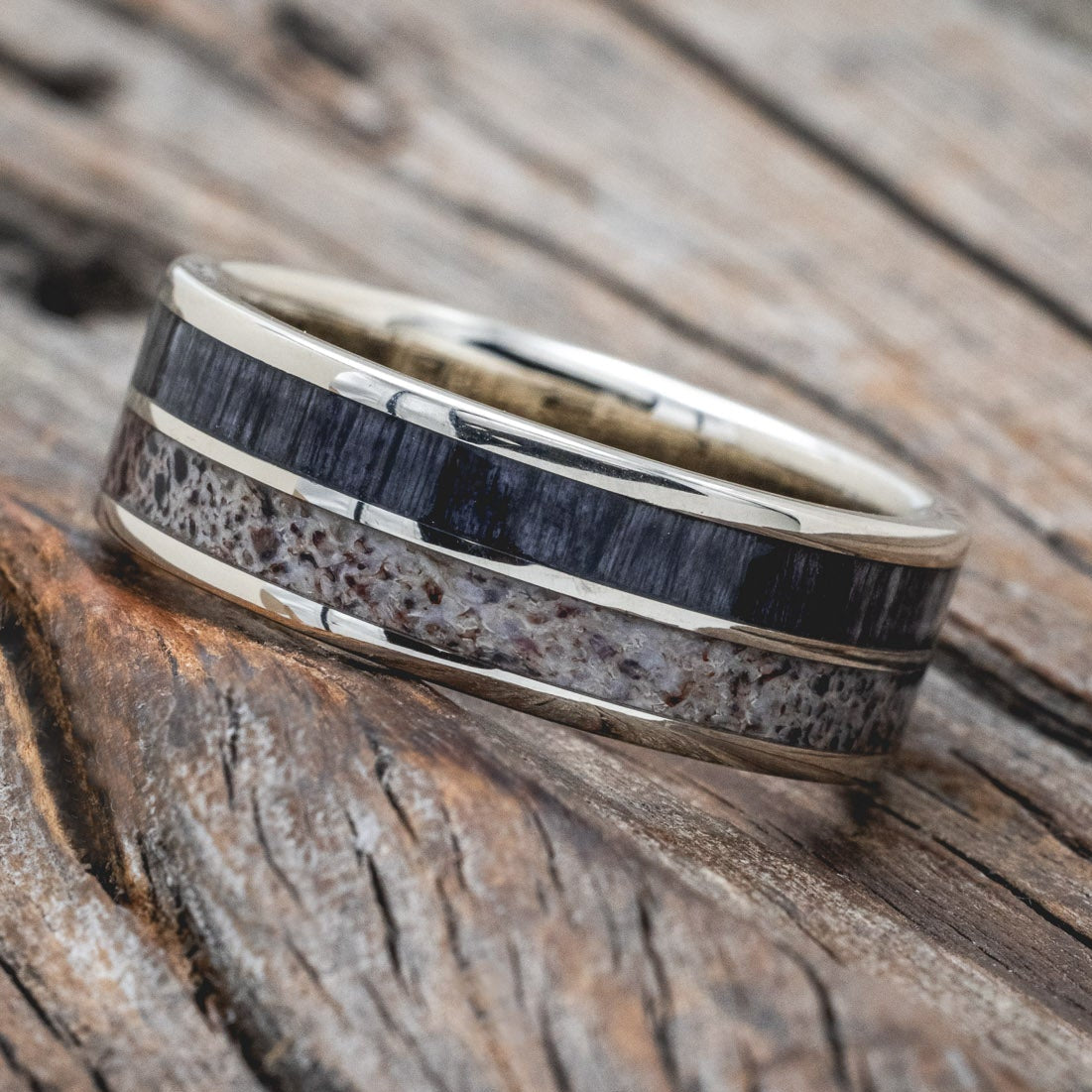 "DYAD" - GREY BIRCH WOOD & ANTLER WEDDING BAND-Staghead Designs