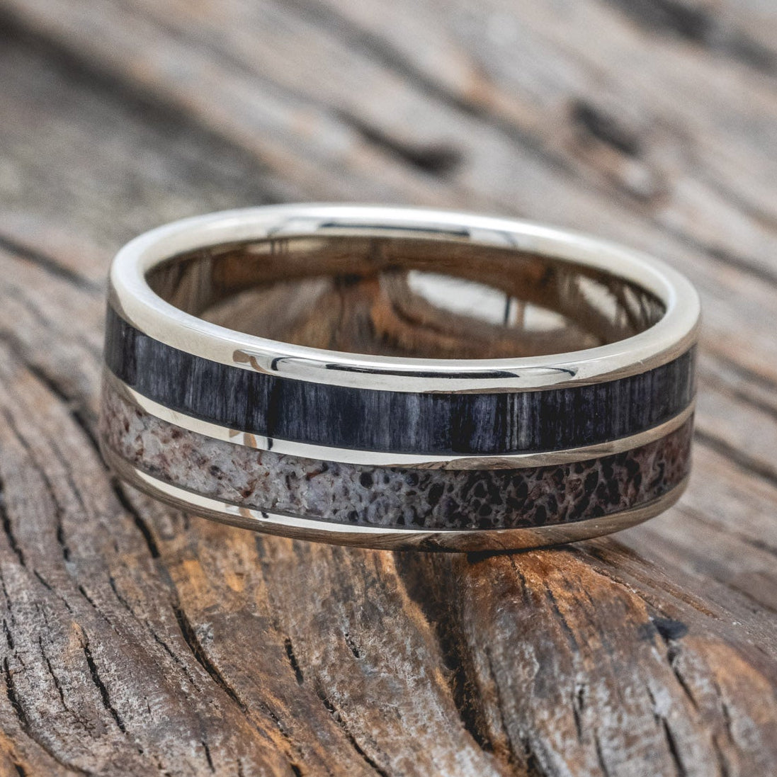 "DYAD" - GREY BIRCH WOOD & ANTLER WEDDING BAND-Staghead Designs