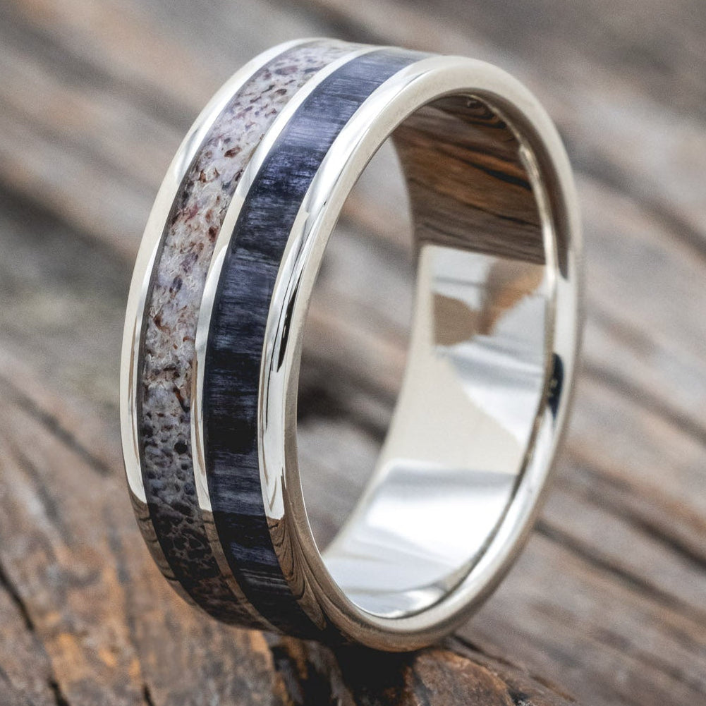 "DYAD" - GREY BIRCH WOOD & ANTLER WEDDING BAND-Staghead Designs