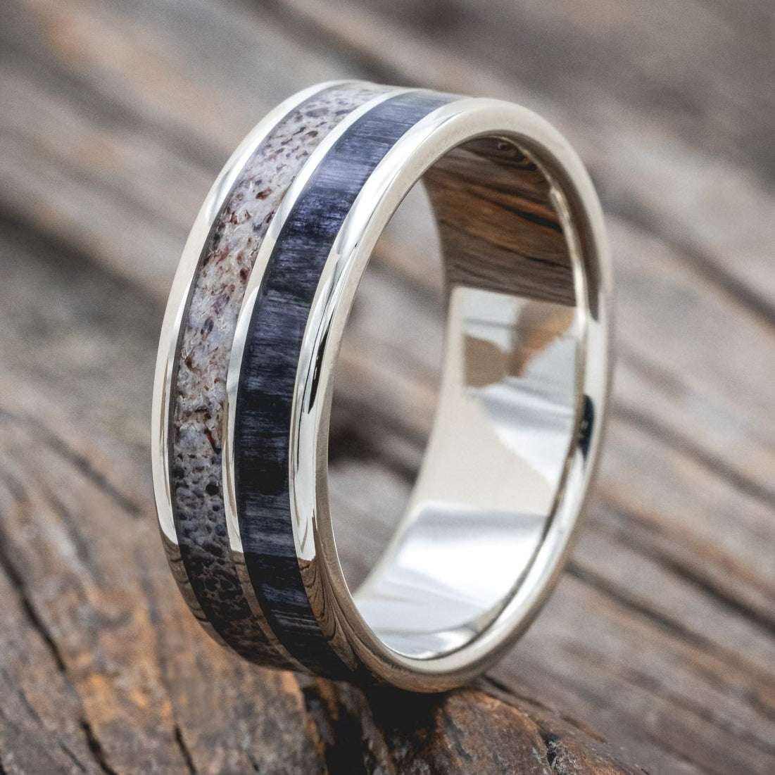 "DYAD" - GREY BIRCH WOOD & ANTLER WEDDING BAND-Staghead Designs