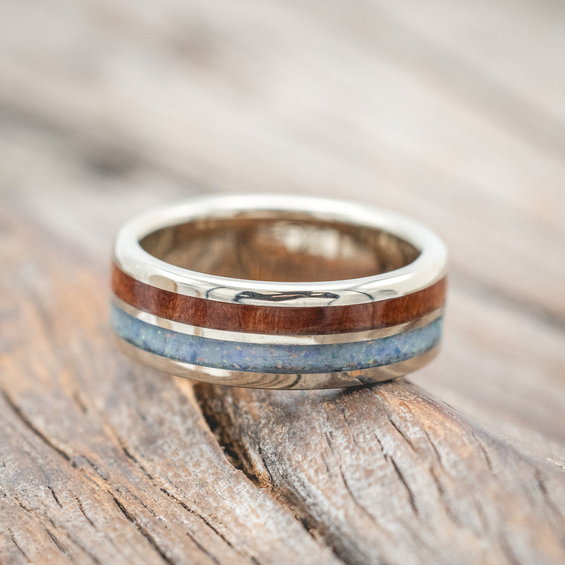 "DYAD" - MATCHING SET OF COTTON CANDY OPAL & REDWOOD WEDDING BANDS-Staghead Designs