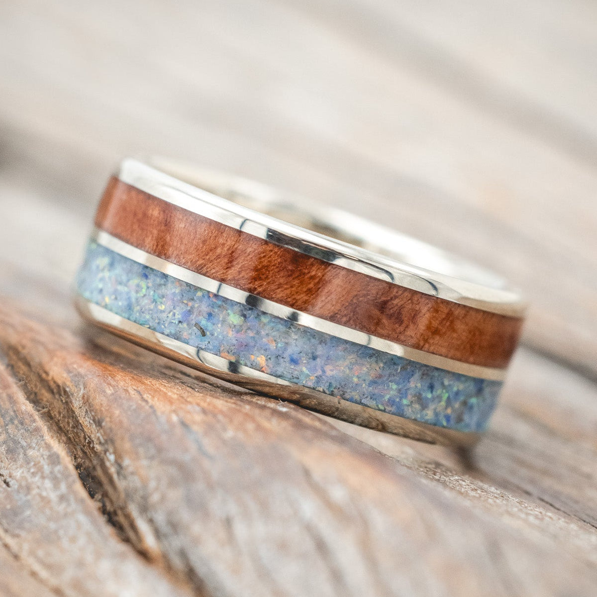"DYAD" - COTTON CANDY OPAL & REDWOOD WEDDING BAND-Staghead Designs