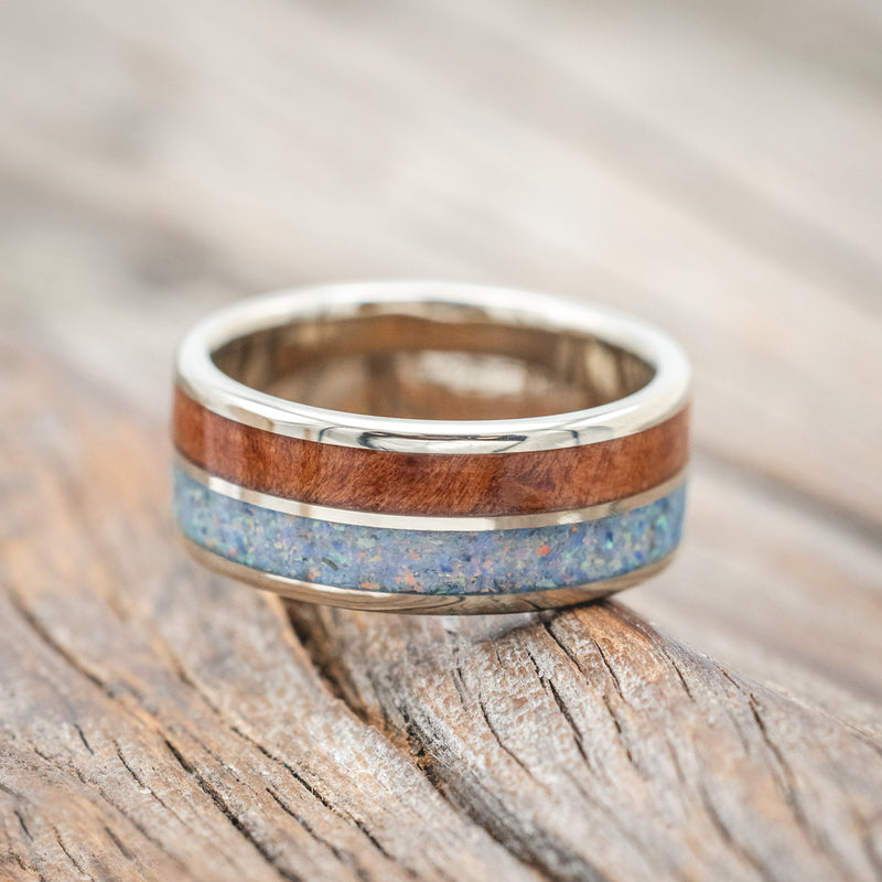 "DYAD" - MATCHING SET OF COTTON CANDY OPAL & REDWOOD WEDDING BANDS-Staghead Designs