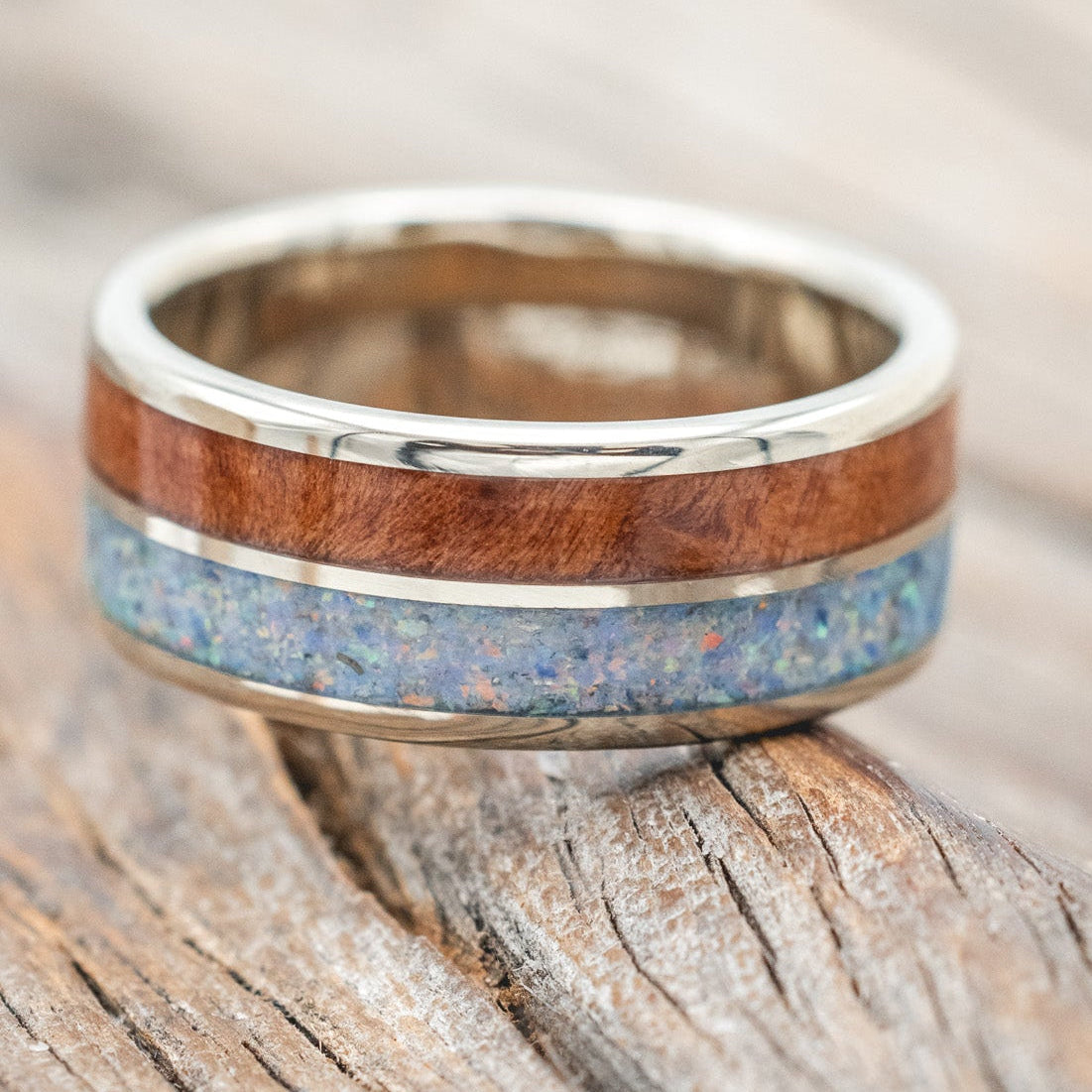 "DYAD" - COTTON CANDY OPAL & REDWOOD WEDDING BAND-Staghead Designs