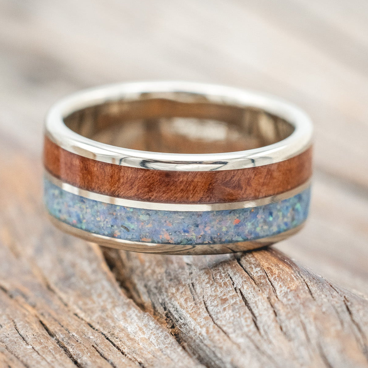 "DYAD" - COTTON CANDY OPAL & REDWOOD WEDDING BAND-Staghead Designs