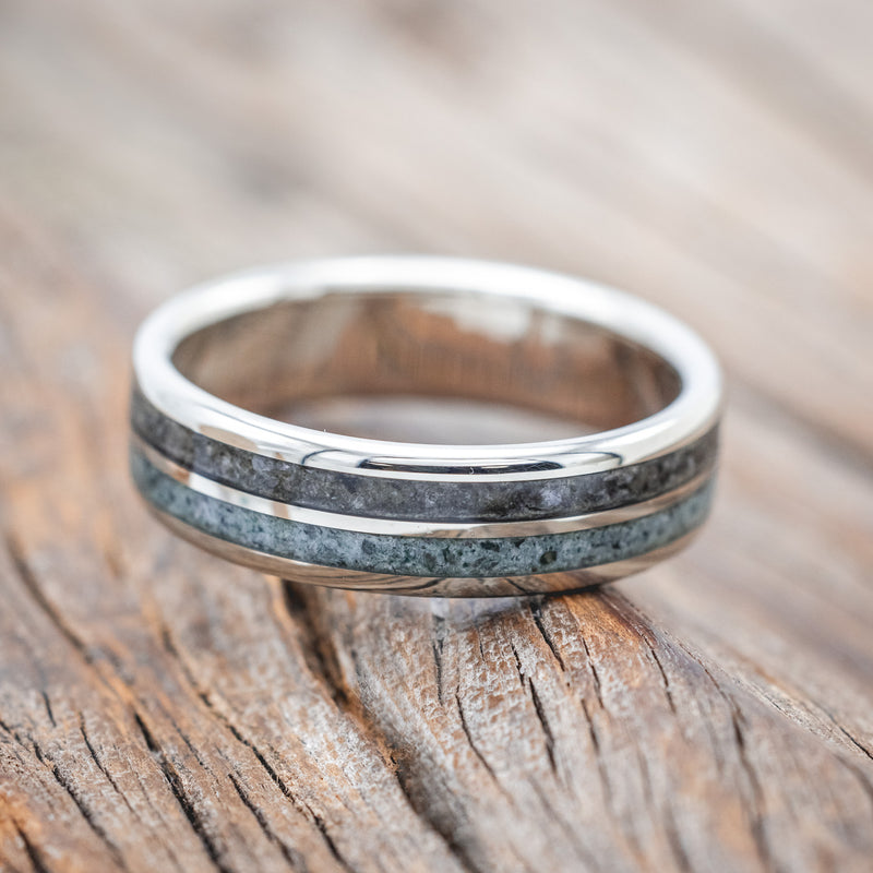 "DYAD" - MOSS AGATE & MOONSTONE WEDDING BAND-Staghead Designs