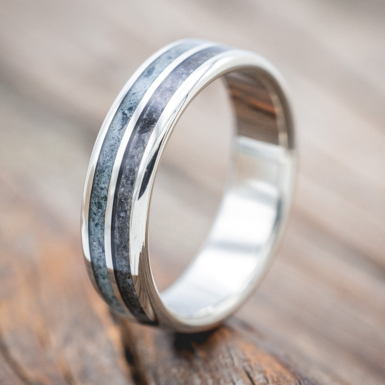 "DYAD" - MOSS AGATE & MOONSTONE WEDDING BAND-Staghead Designs
