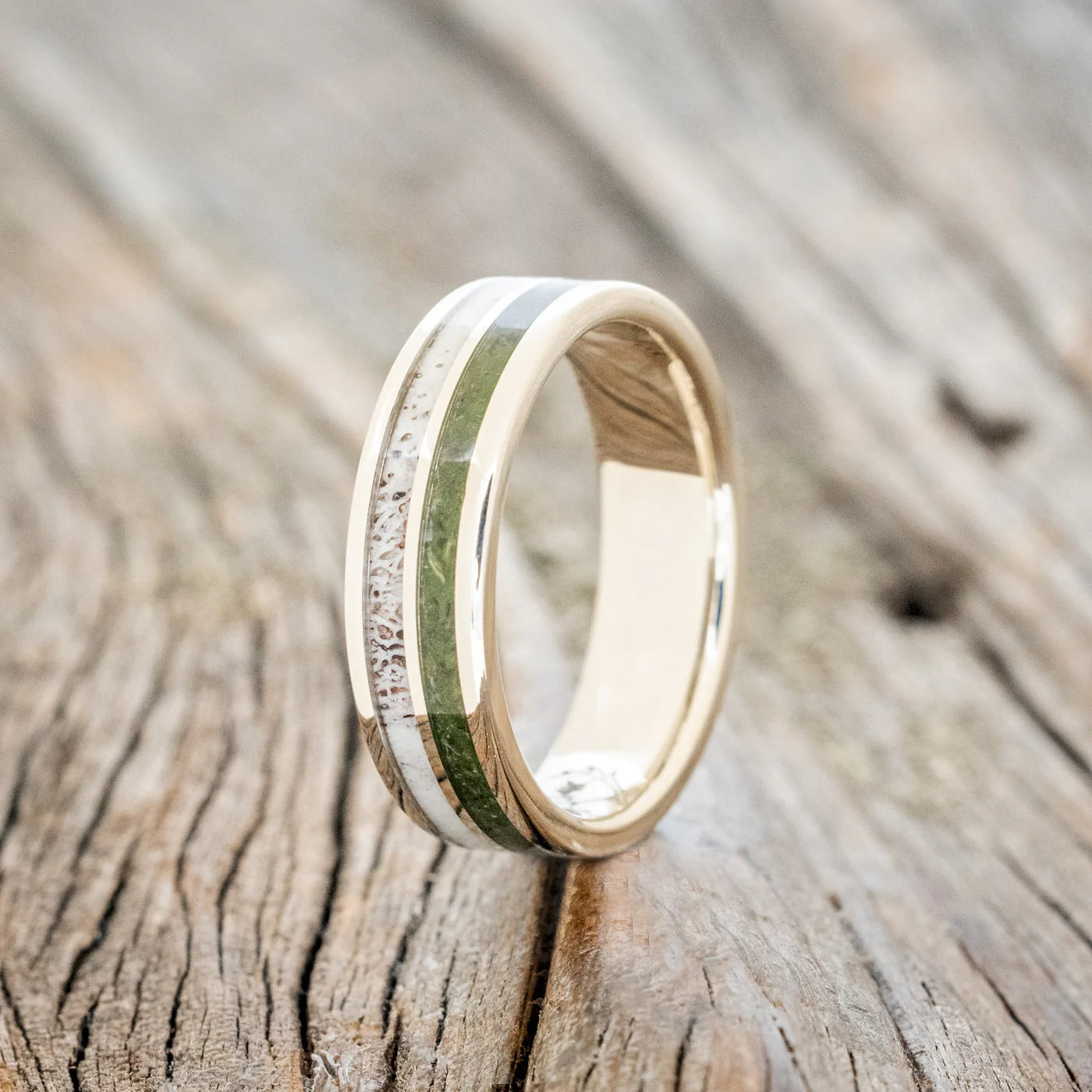 "DYAD" - MOSS AGATE & MOONSTONE WEDDING BAND - 14K WHITE GOLD (6MM) - SIZE 8 1/2-Staghead Designs