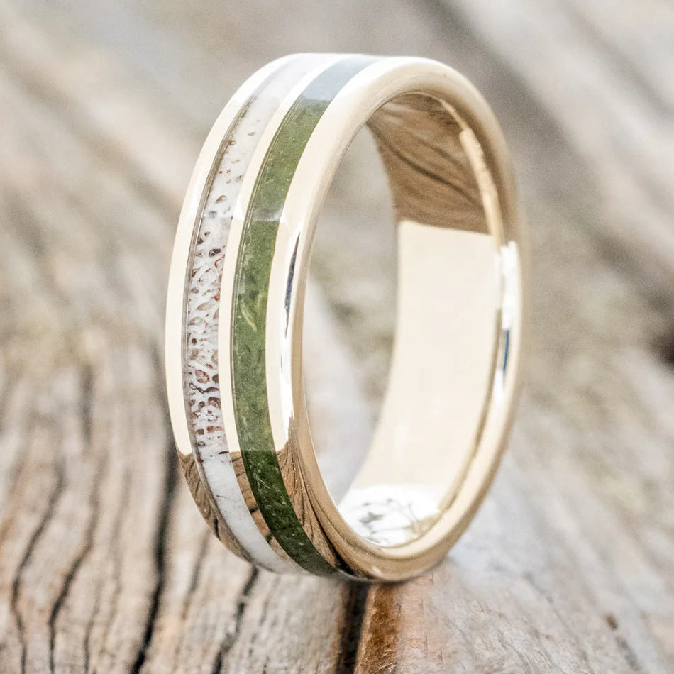 "DYAD" - MOSS AGATE & MOONSTONE WEDDING BAND - 14K WHITE GOLD (6MM) - SIZE 8 1/2-Staghead Designs