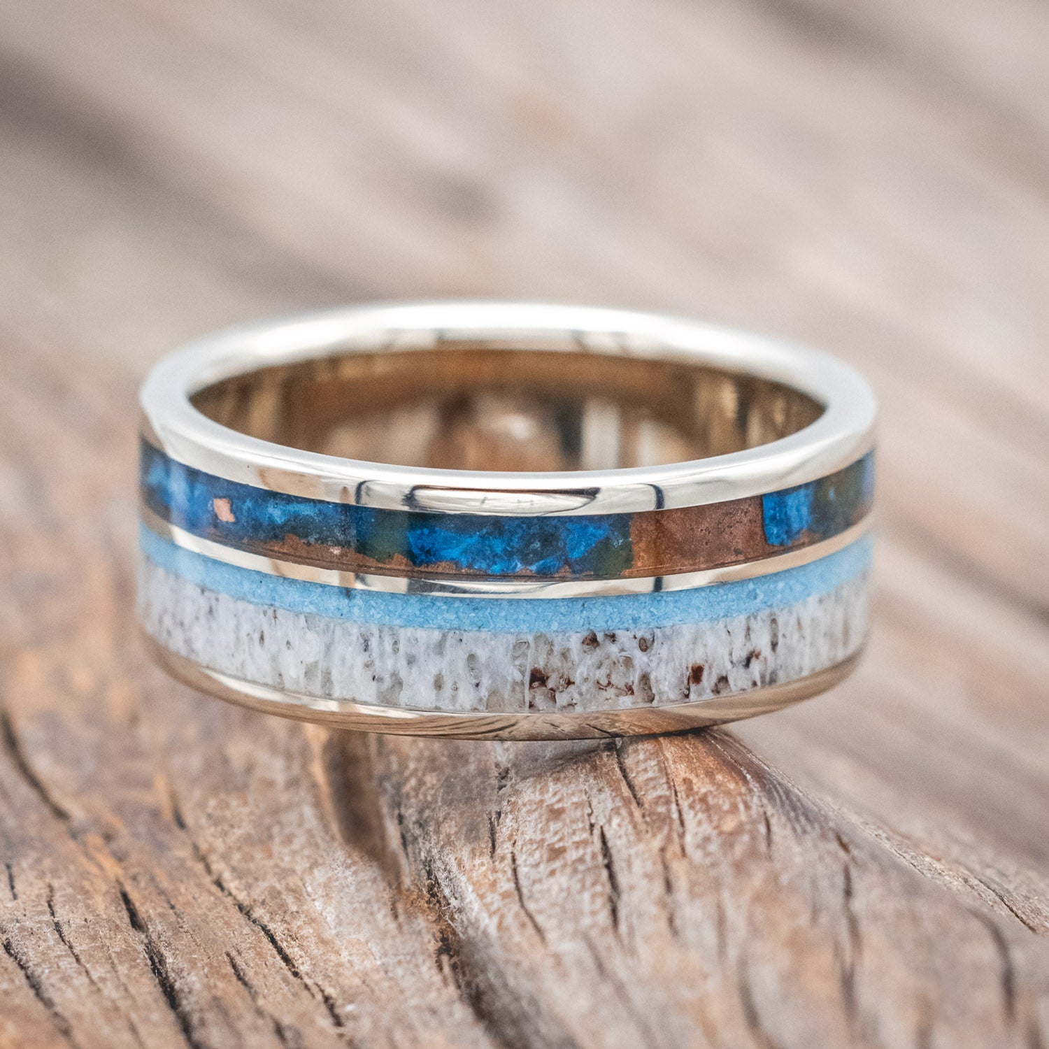 "ELEMENT" - PATINA COPPER, ANTLER & TURQUOISE WEDDING BAND-Staghead Designs