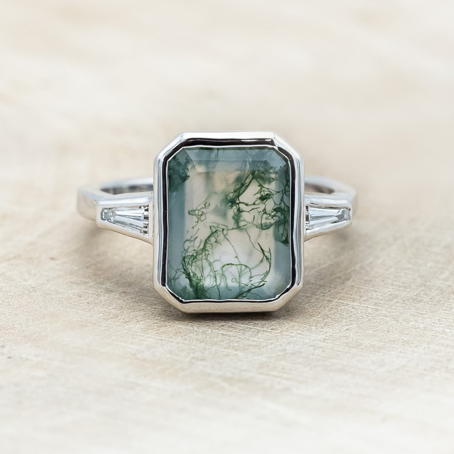 "ALYS" - EMERALD CUT MOSS AGATE ENGAGEMENT RING WITH DIAMOND ACCENTS-Staghead Designs