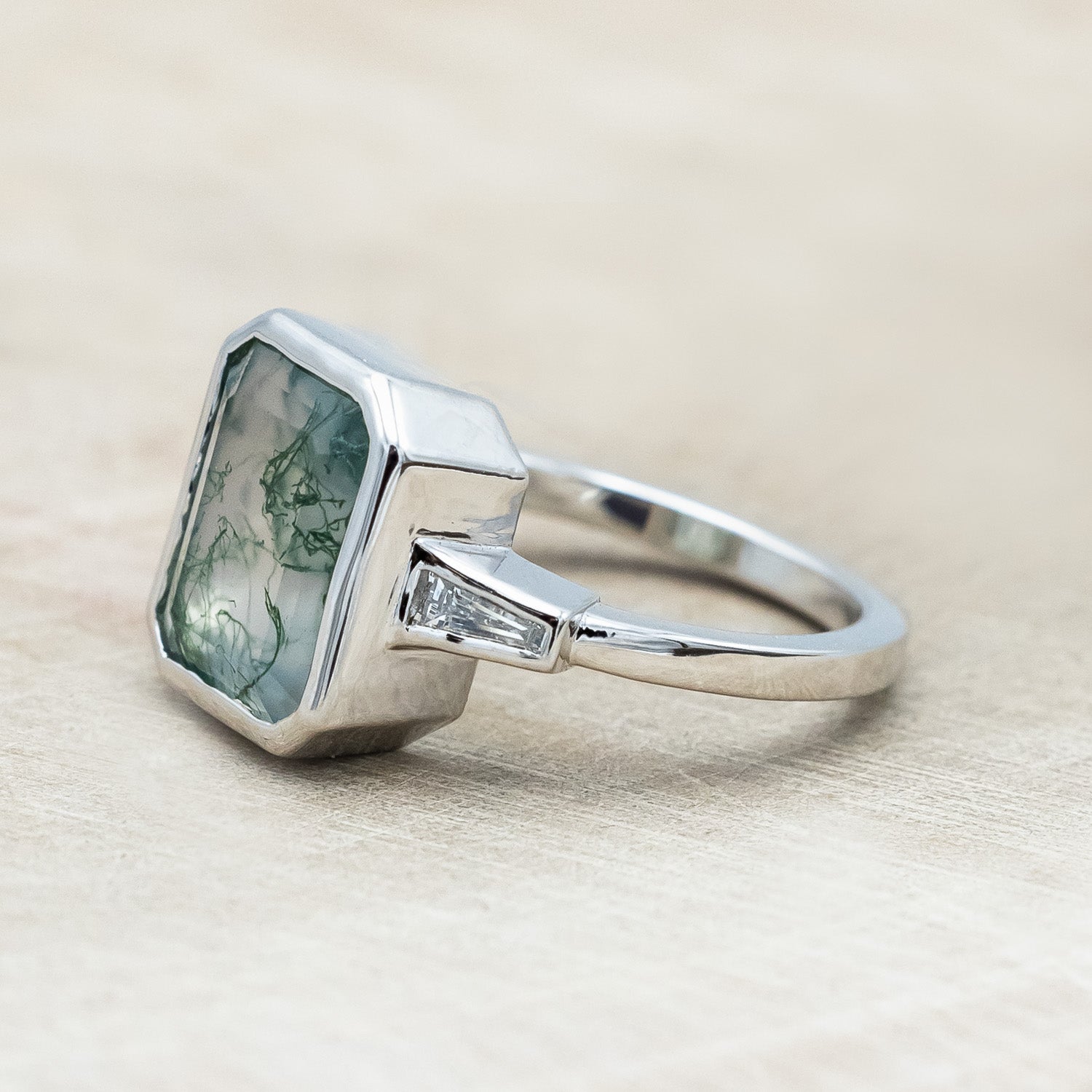"ALYS" - EMERALD CUT MOSS AGATE ENGAGEMENT RING WITH DIAMOND ACCENTS-Staghead Designs