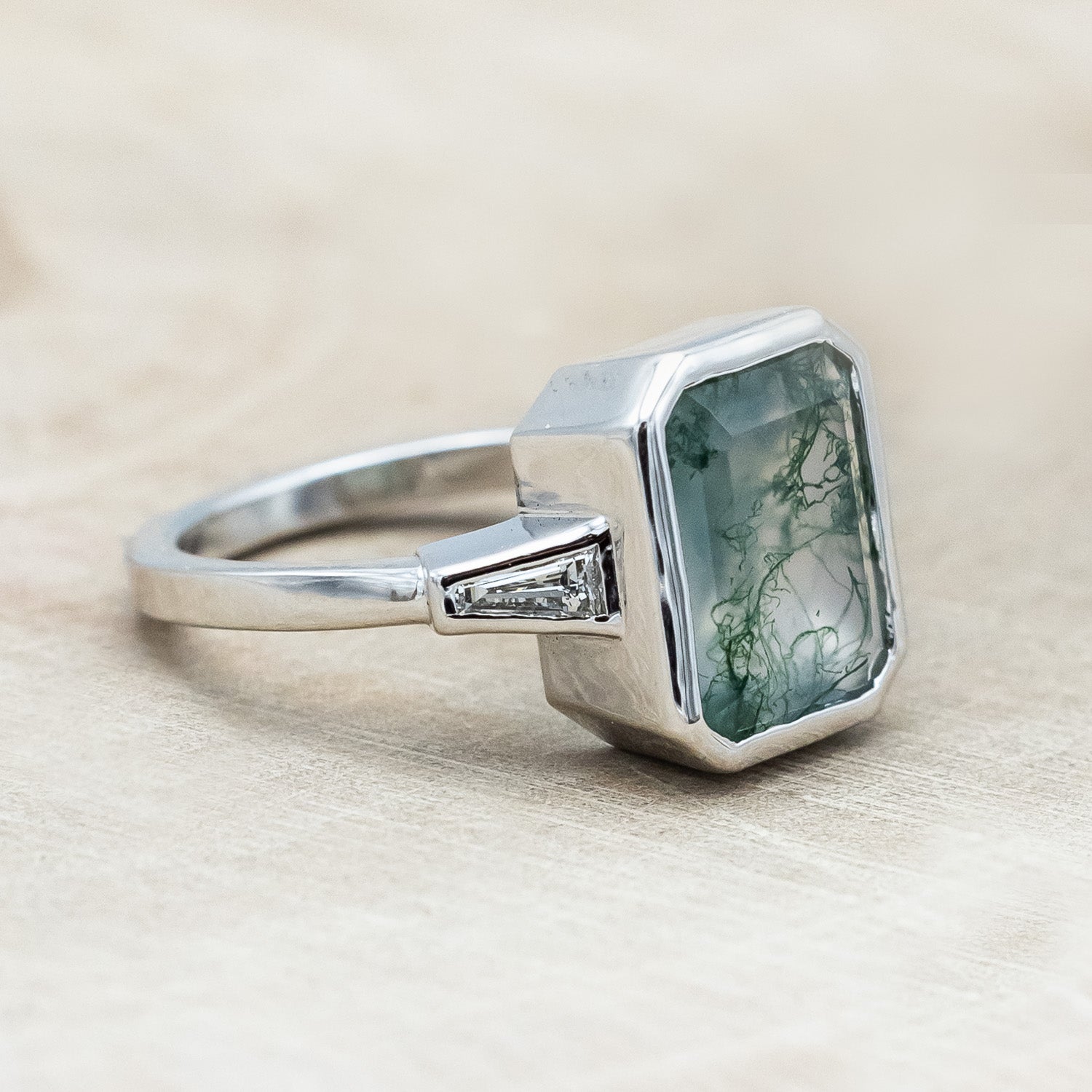 "ALYS" - EMERALD CUT MOSS AGATE ENGAGEMENT RING WITH DIAMOND ACCENTS-Staghead Designs