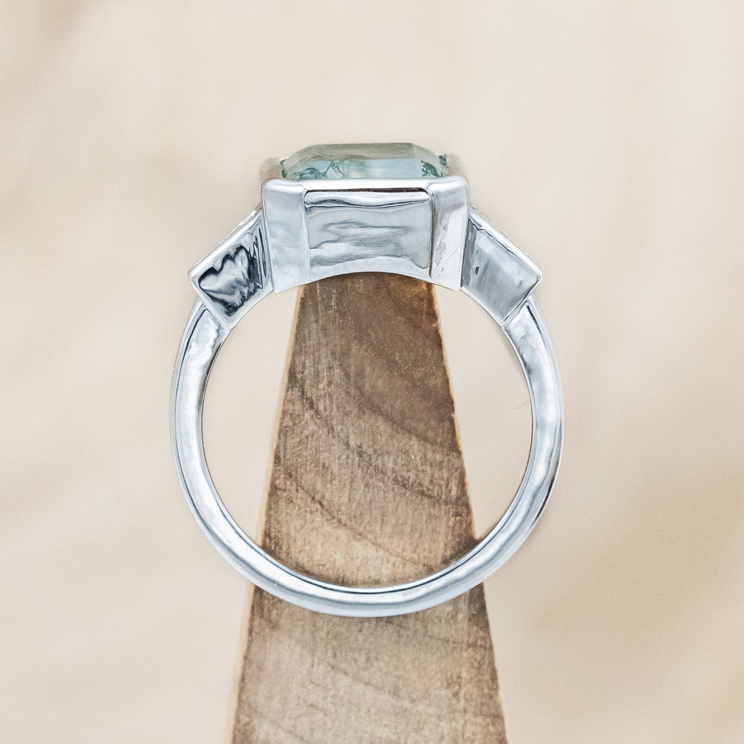 "ALYS" - EMERALD CUT MOSS AGATE ENGAGEMENT RING WITH DIAMOND ACCENTS-Staghead Designs