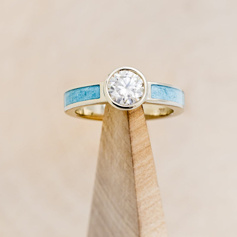 "EOTA" - ROUND CUT BEZEL SET MOISSANITE ENGAGEMENT RING WITH TURQUOISE INLAYS-1