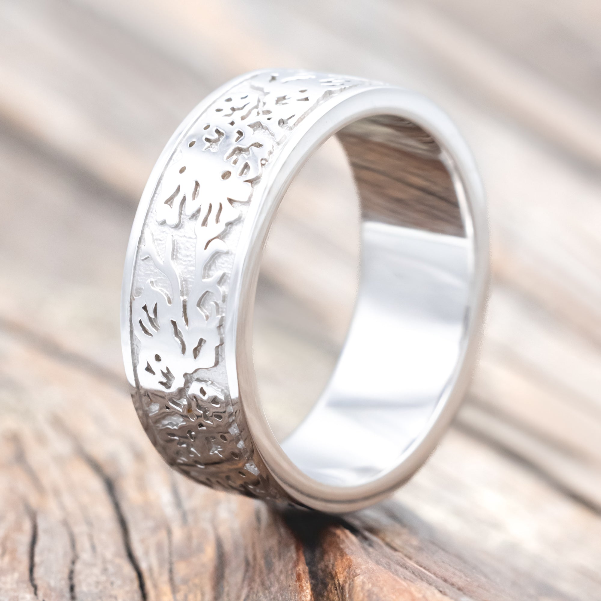 "EUREKA" - CUSTOM ENGRAVED WEDDING BAND FEATURING CALIFORNIA POPPIES-Staghead Designs