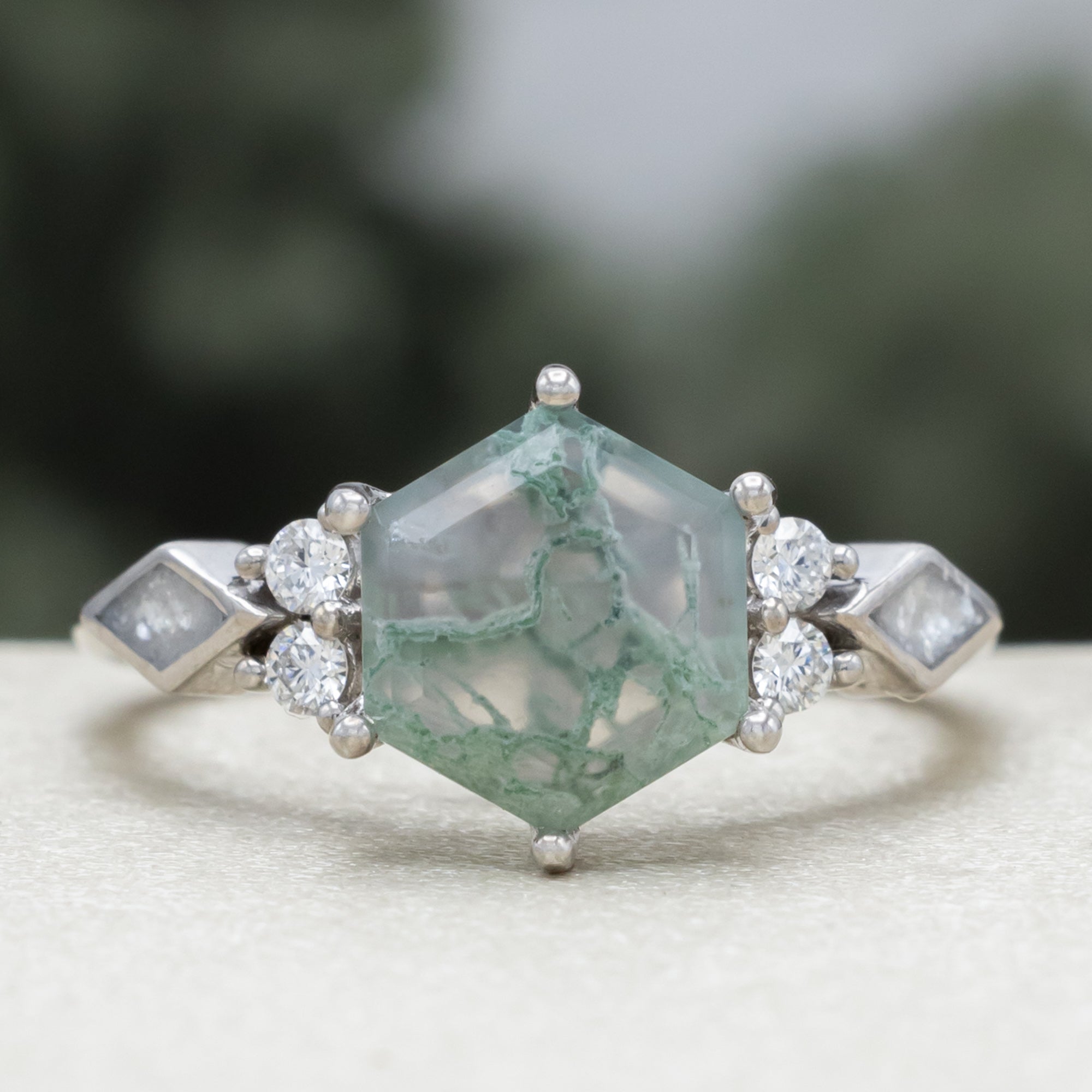 "Everett" - Hexagon Cut Moss Agate Engagement Ring With Diamond Accents & Diamond Dust Inlays-Staghead Designs