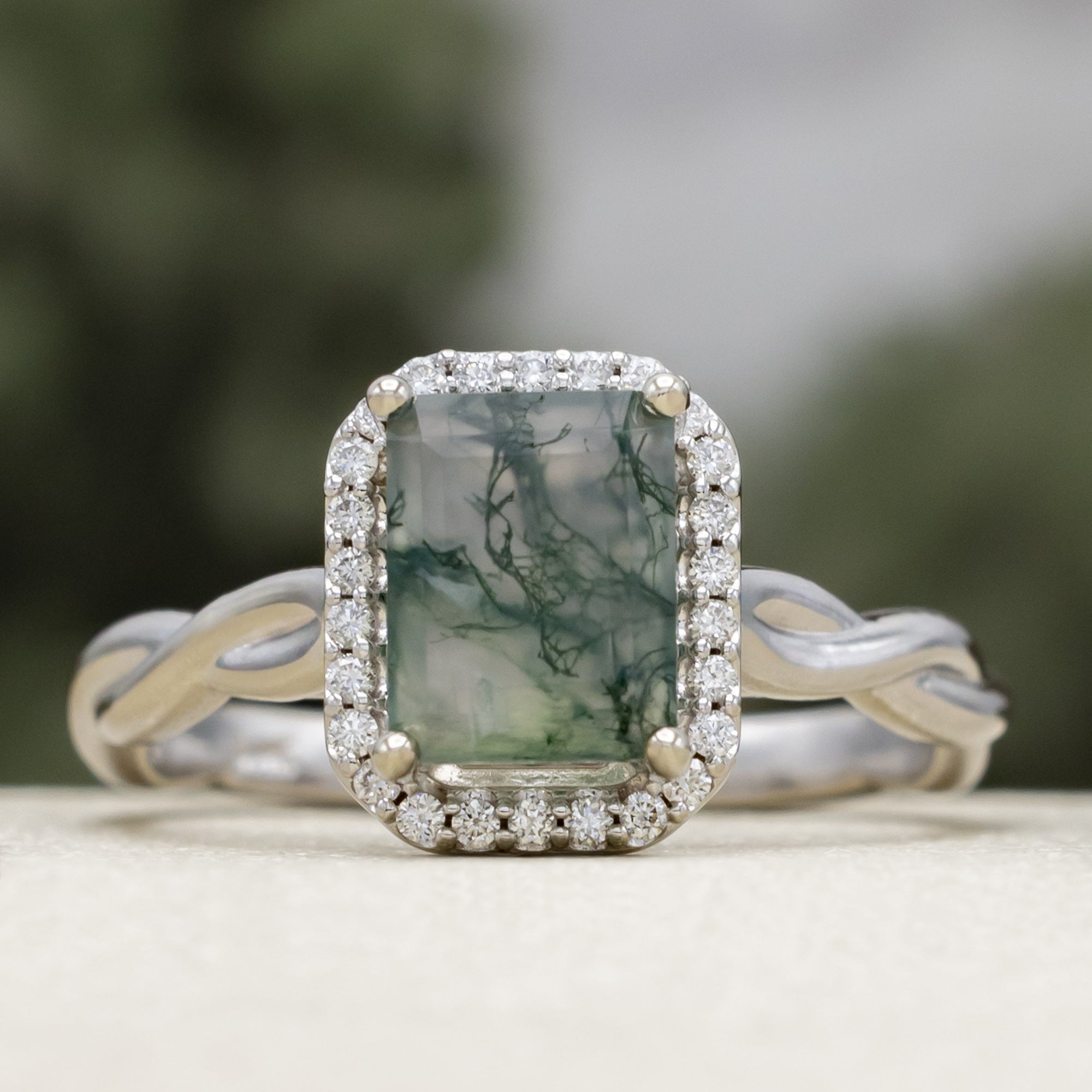 "EVERLEIGH" - EMERALD CUT MOSS AGATE WEDDING BAND SET WITH DIAMOND HALO & TWISTED STACKING BAND-Staghead Designs
