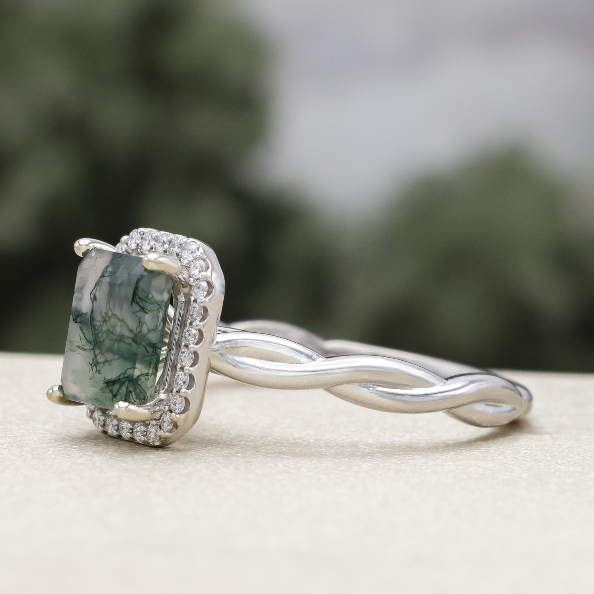 "EVERLEIGH" - EMERALD CUT MOSS AGATE WEDDING BAND SET WITH DIAMOND HALO & TWISTED STACKING BAND-Staghead Designs