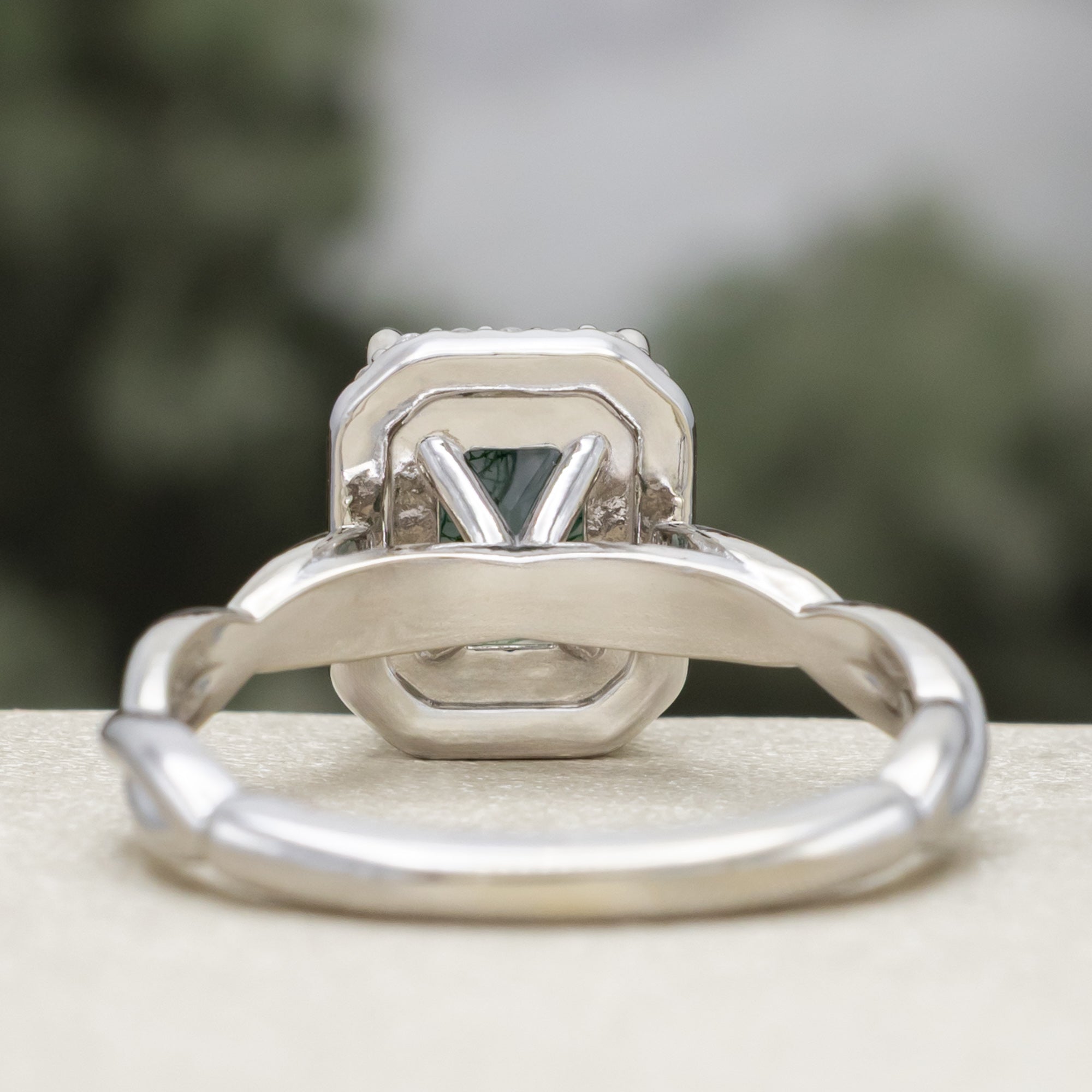 "EVERLEIGH" - EMERALD CUT MOSS AGATE WEDDING BAND SET WITH DIAMOND HALO & TWISTED STACKING BAND-Staghead Designs
