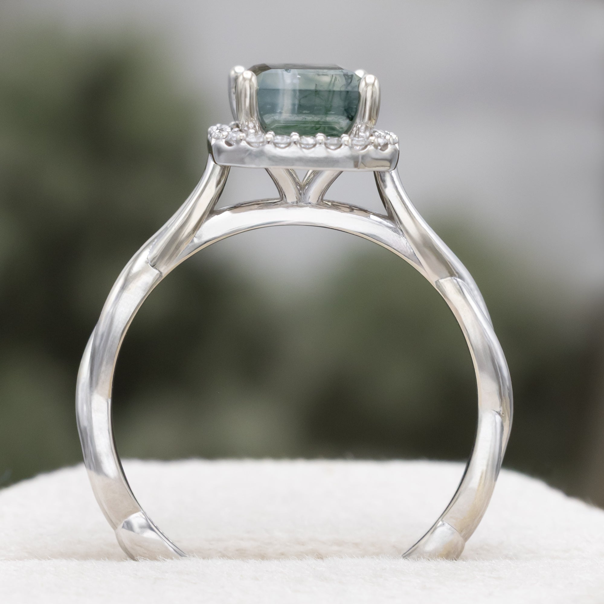 "EVERLEIGH" - EMERALD CUT MOSS AGATE WEDDING BAND SET WITH DIAMOND HALO & TWISTED STACKING BAND-Staghead Designs