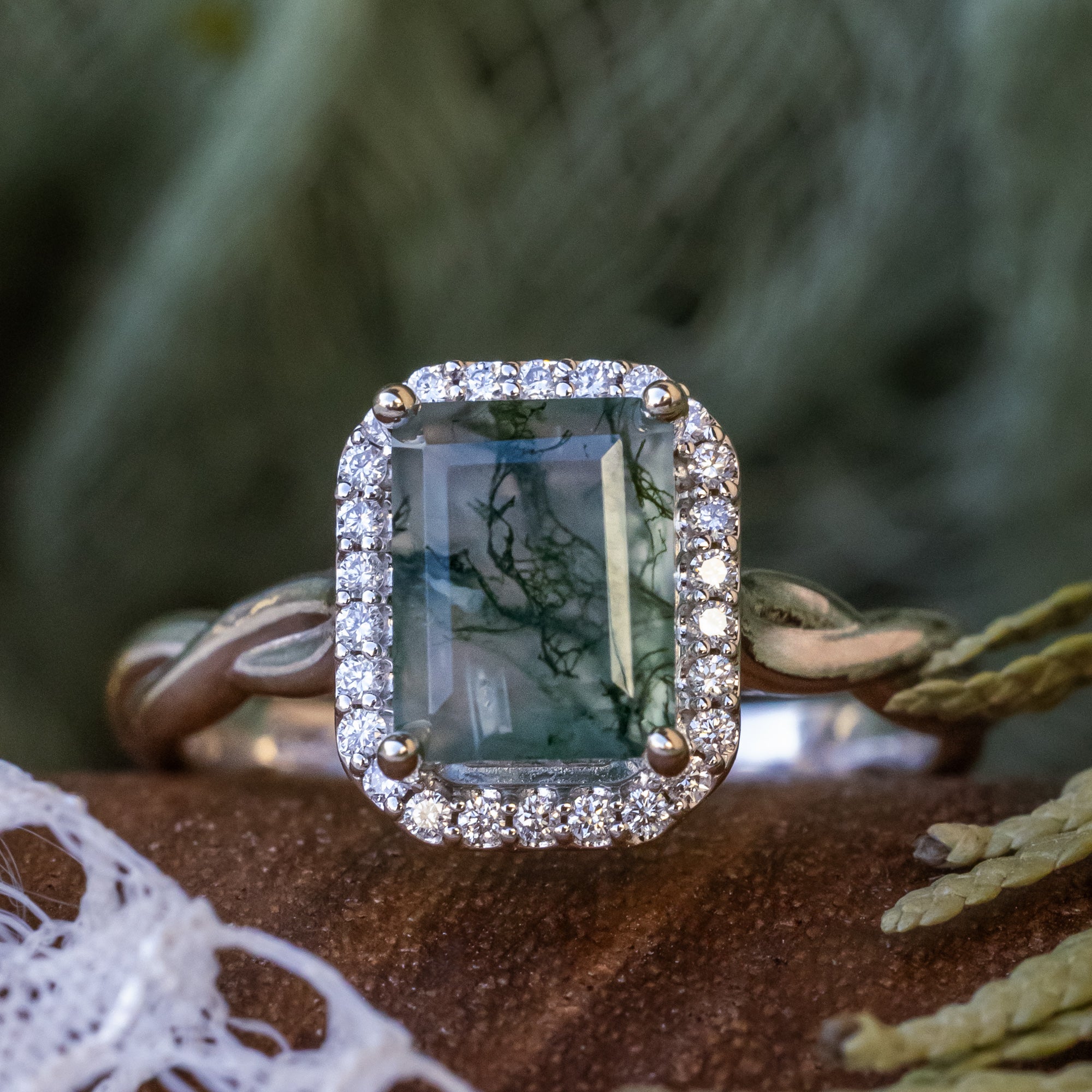 "EVERLEIGH" - EMERALD CUT MOSS AGATE WEDDING BAND SET WITH DIAMOND HALO & TWISTED STACKING BAND-Staghead Designs