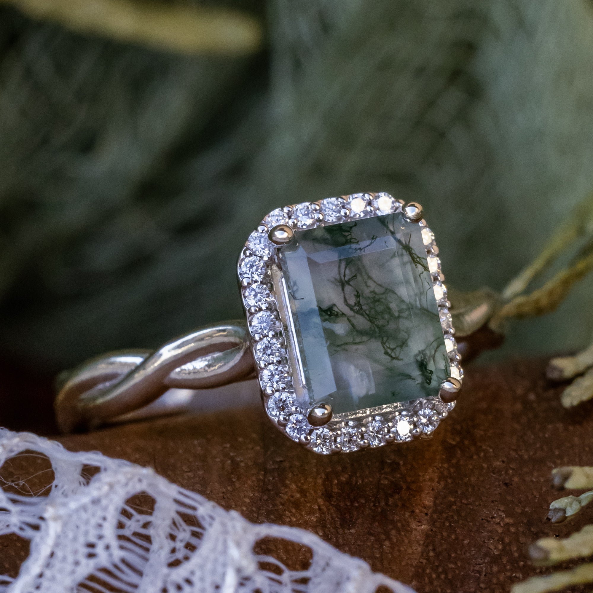 "EVERLEIGH" - EMERALD CUT MOSS AGATE WEDDING BAND SET WITH DIAMOND HALO & TWISTED STACKING BAND-Staghead Designs