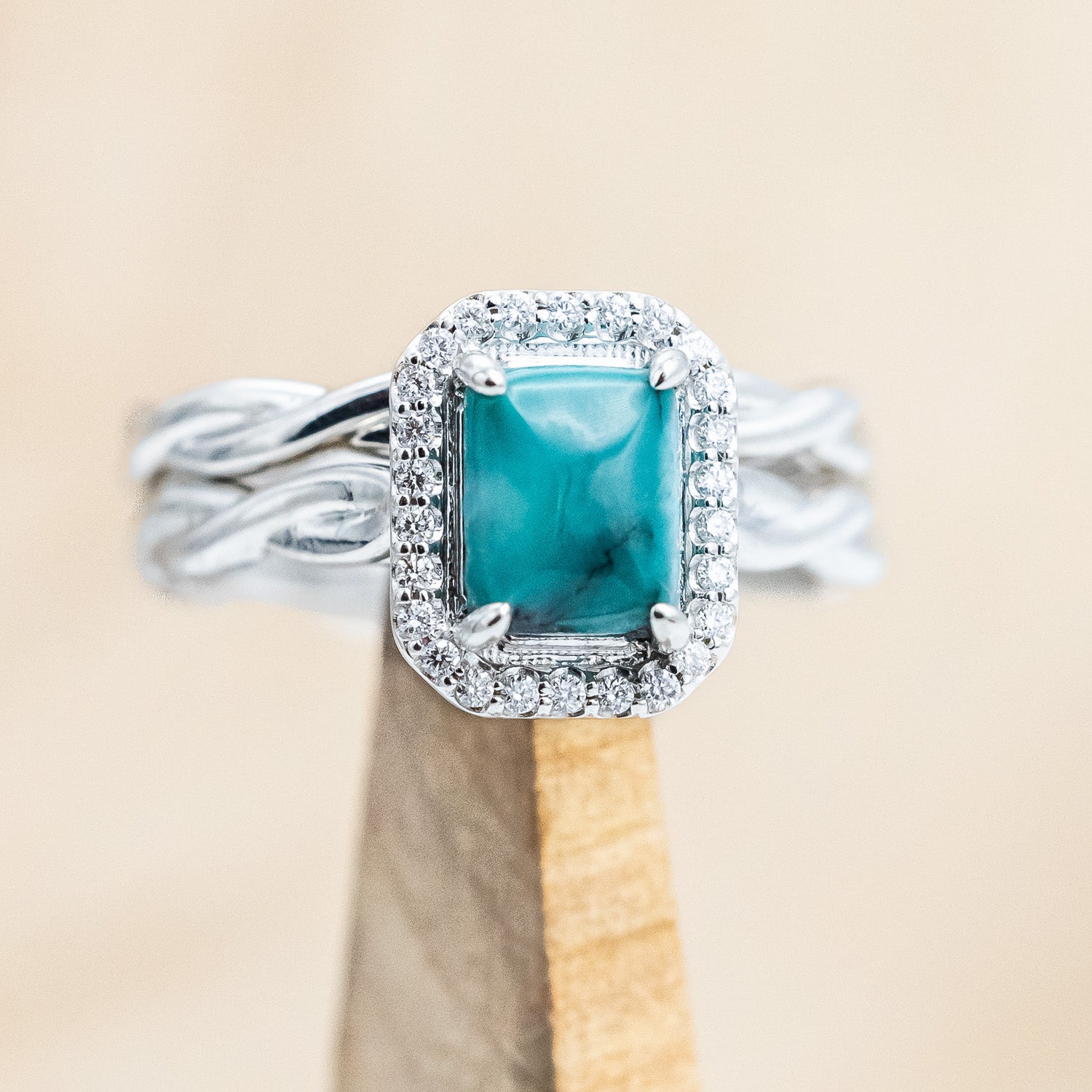 "EVERLEIGH" - EMERALD CUT TURQUOISE WEDDING BAND SET WITH DIAMOND HALO & TWISTED STACKING BAND-Staghead Designs