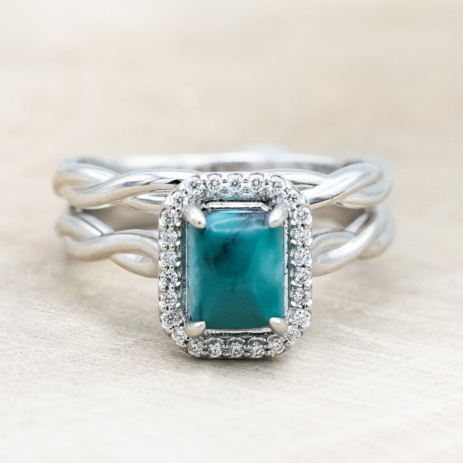 "EVERLEIGH" - EMERALD CUT TURQUOISE WEDDING BAND SET WITH DIAMOND HALO & TWISTED STACKING BAND-Staghead Designs